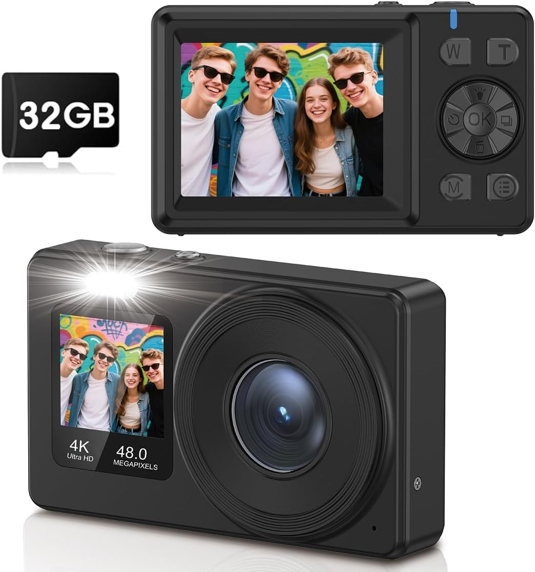 Dual-Screen 4K Digital Camera, with a 2.4" LCD Rear Screen and a 1.3" Front Screen, a 48-Megapixel Full HD Camera, an 18X Zoom Function, Nd a 64GB Memory Card, Black