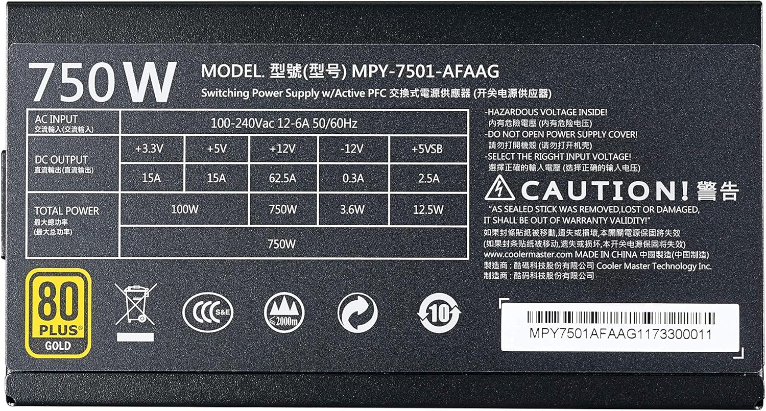 Cooler Master MPY-7501-AFAAG-US MWE 750 Gold Full Modular, 80+ Gold Certified 750W Power Supply image number 1