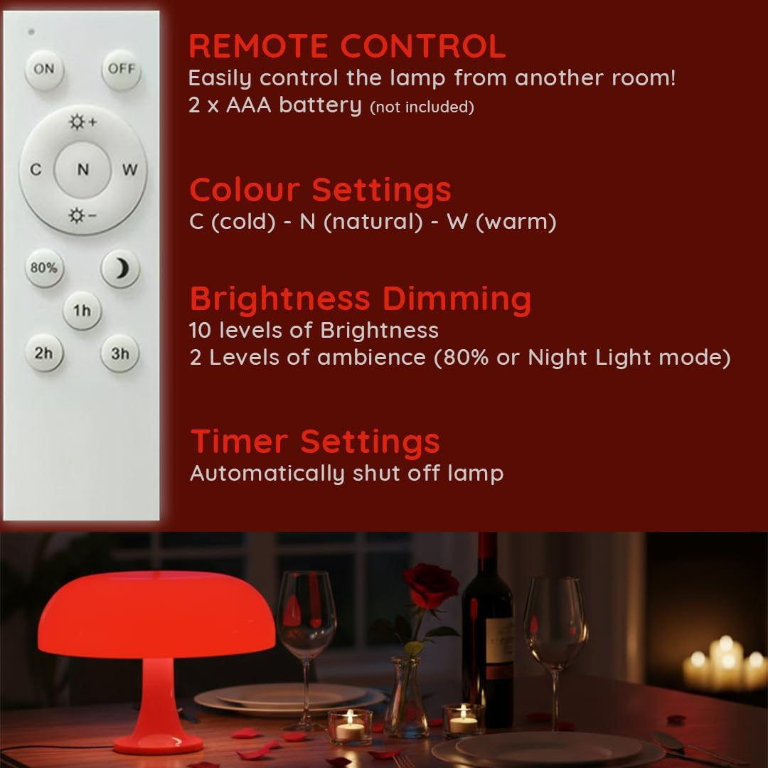 Calming LED Bedside Lamp (Red) | Red Light Therapy | USB Desk Lamp | Remote Controlled | Cute Night Light for Kids | Timer Function | Soothing Decor Lighting | Clean Design image number 2
