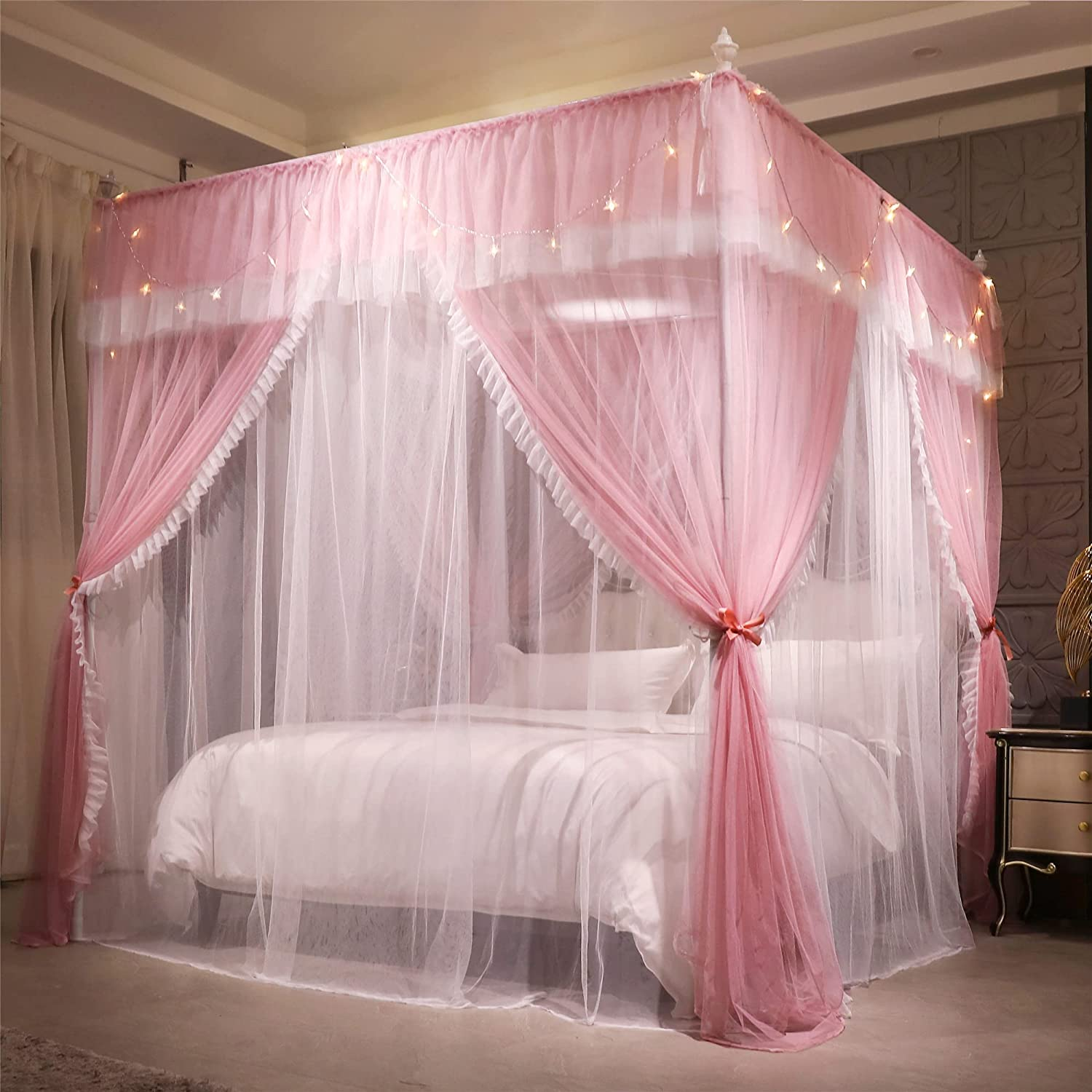VETHIN 4 Corners Post Ruffle Princess Bed Canopy Curtain-Double Layer Cozy Drape Netting 4 Opening Mosquito Net for Girls Adults Bedroom Decoration (Pink/Whtie, 53" W*78" L*82"*H/(Full)) image number 1