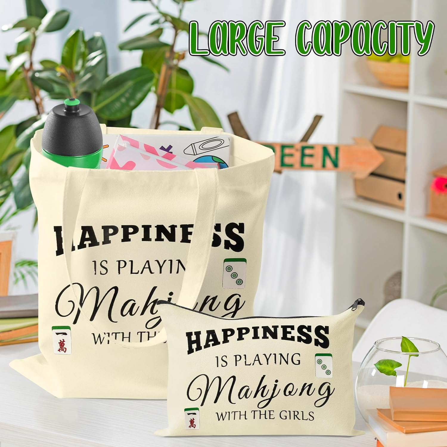 Gioxtra Funny Mahjong Tote Makeup Bag Set - 2Pcs Happiness Mahjong Gifts Tote Shoulder Bag Travel Toiletry Zipper Cosmetic Organizer Pen Purse Pouch for Game Lover Player Women Birthday Gift Supplies image number 1