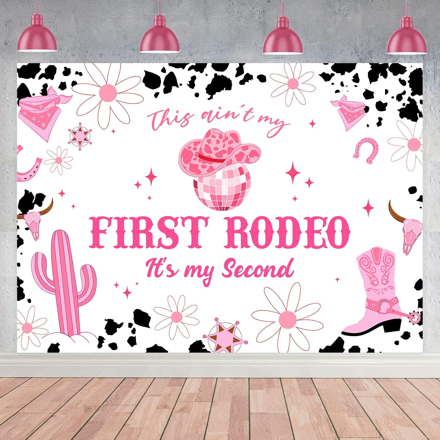 Wonmelody 7 * 5Ft Disco Cowgirl Party Decor Backdrop This Ain'T My First Rodeo It'S My Second Decor Cowgirl 2Nd Birthday Decor Space Cowgirl Disco Ball Boots Daisy Backdrop for Wild West 2Nd Birthday image number 1