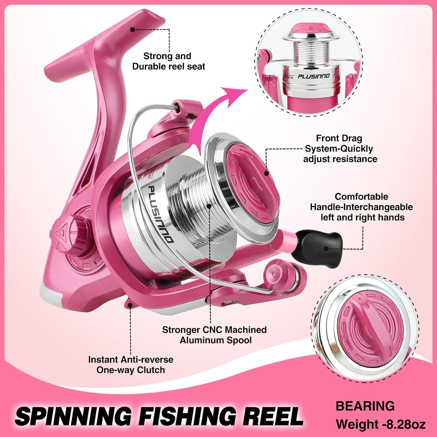 PLUSINNO Ladies Telescopic Fishing Rod and Reel Combos,Spinning Fishing Pole Pink Designed for Ladies Fishing Girls Fishing Pole image number 2