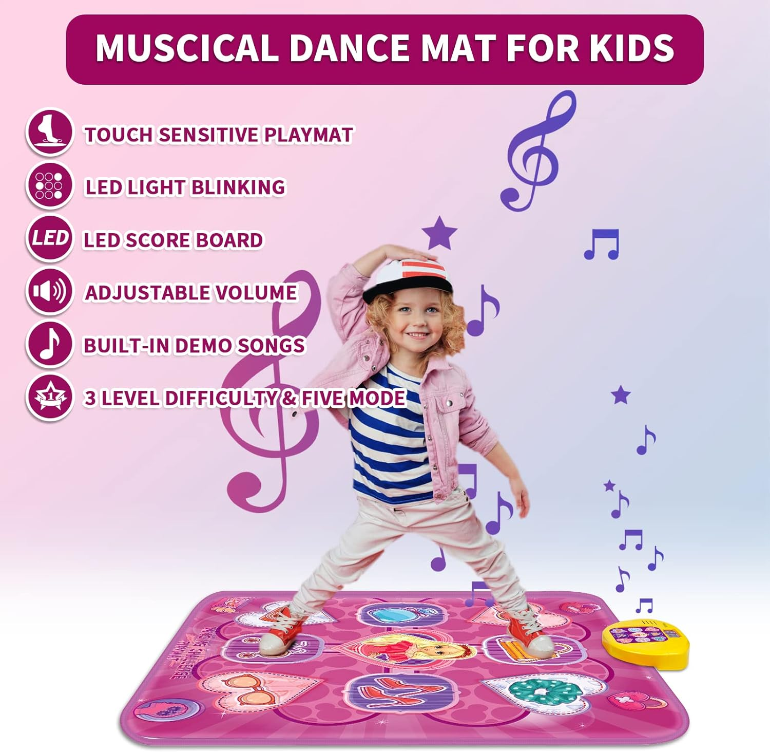 Dance Mat,Toys for 3 4 5 6 7+ Year Old Girls,Dance Mat for Kids,Electronic Music Dance Pad Toy with LED Lights,5 Game Modes Princess Dancing Mat,Birthday Xmas Gifts for Age 3-8 Year Old Girls image number 2