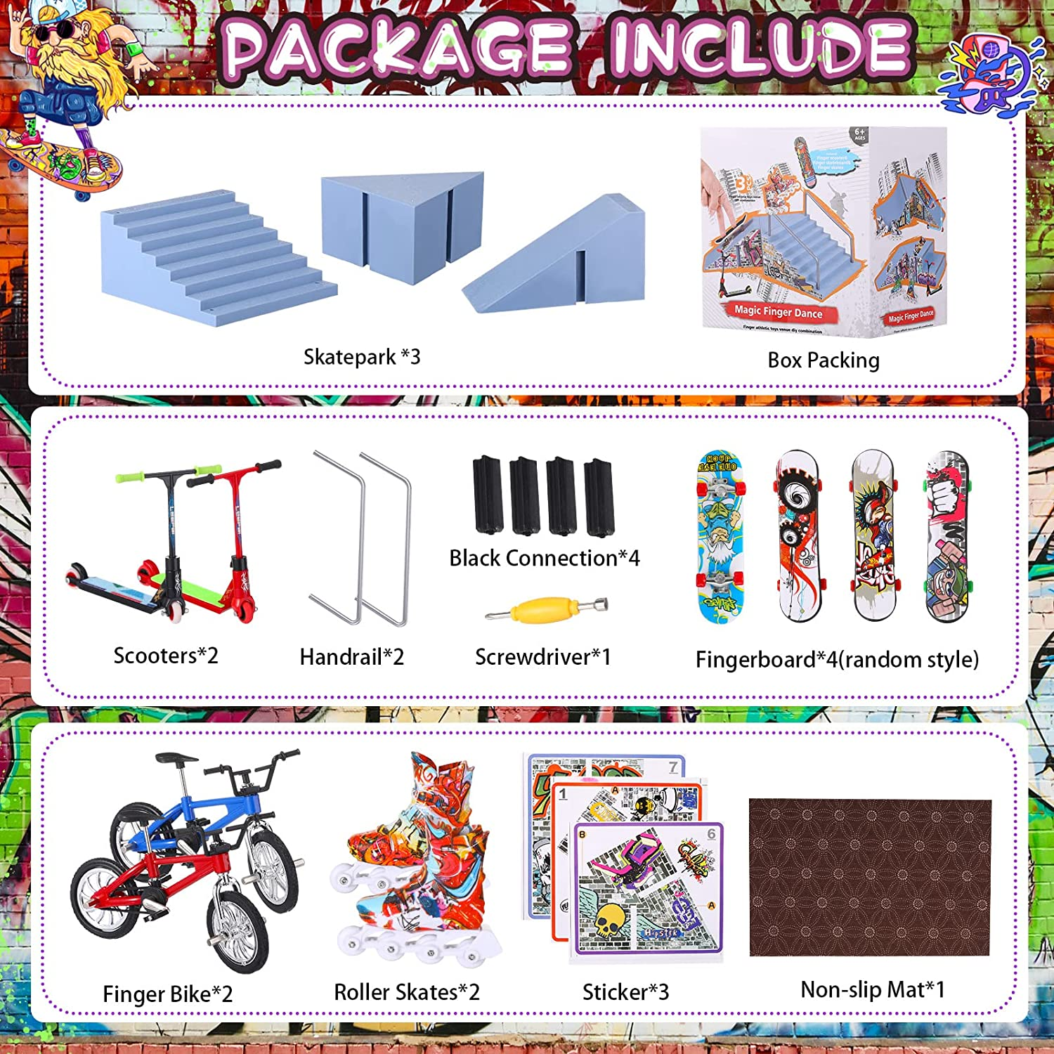 Fingerboard Ramps Kit - 24 Pcs Skatepark Set with Mini Toy Accessories Including Roller Skate, Bike, Scooter, and Hand Board image number 3