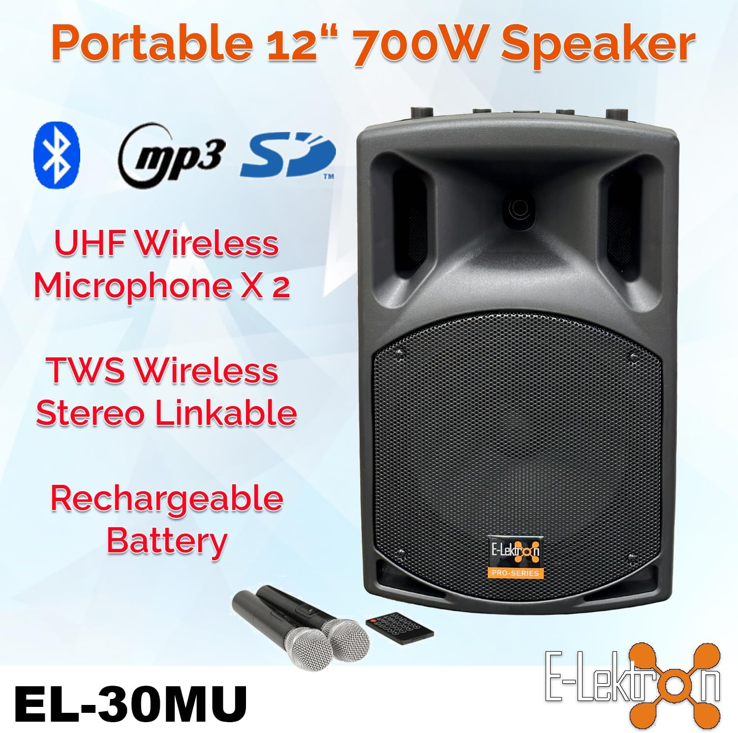 E-Lektron 30MUH 700W 12" Inch Bluetooth Wireless Linkable Loud Portable PA Speaker Sound System Recoding Incl.2 Mics for Karaoke Coach Speech Singing image number 5