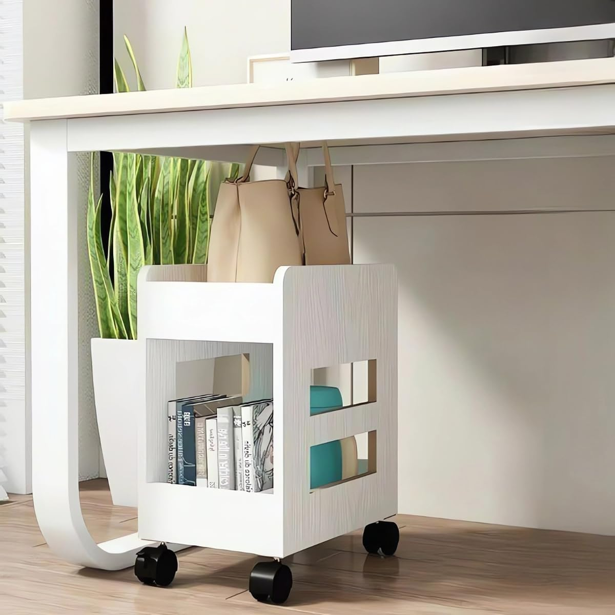 Bookcase, Computer Desk Organiser Shelf, Office Storage Cart, Wooden Desk Cart with Wheels, Wood File Cabinet, Bookshelf A62 (J White)