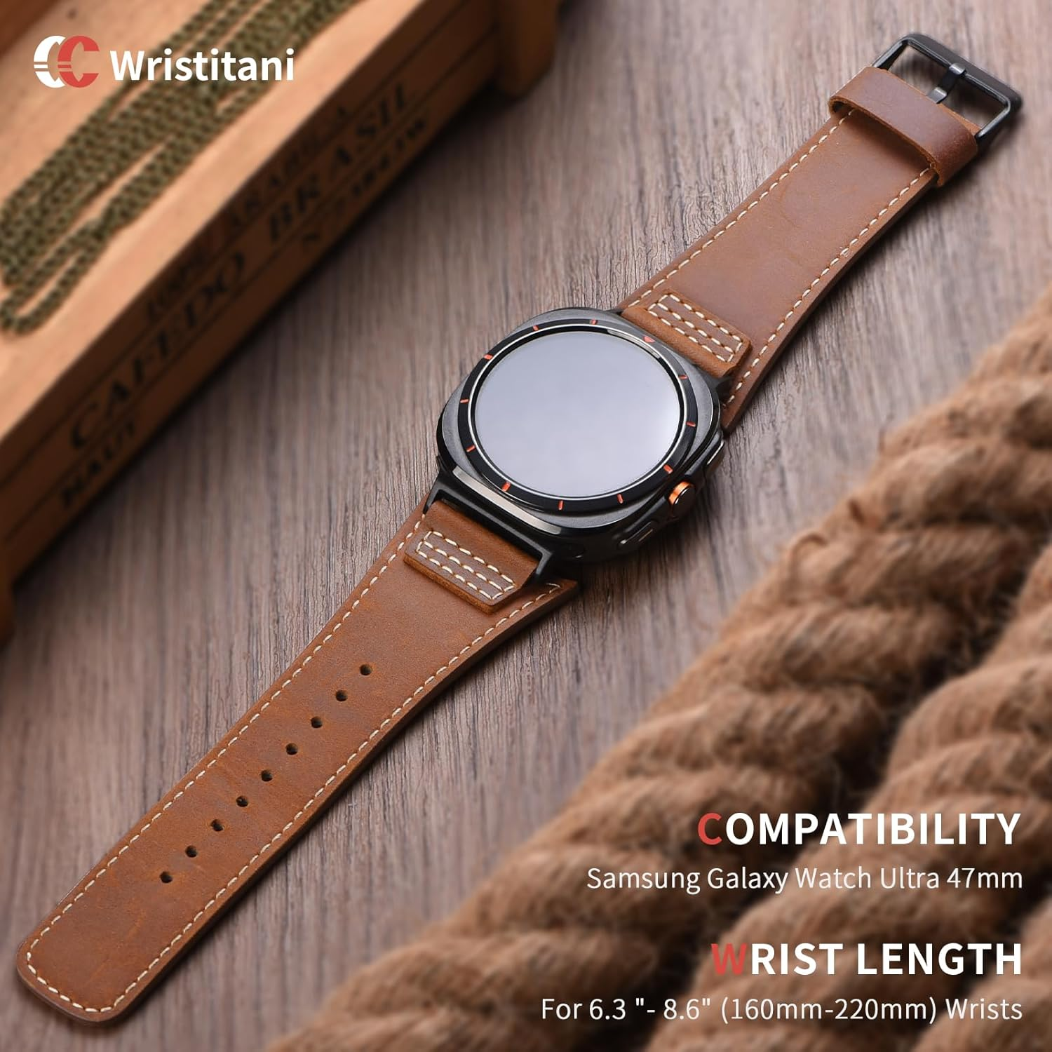 Wristitani Leather Band Compatible with Samsung Galaxy Watch Ultra Bands 7 6 5 4 for Men, Top Genuine Leather Replacement Vintage Strap for 47Mm 46Mm 45Mm 44Mm 43Mm 42Mm 40Mm image number 3