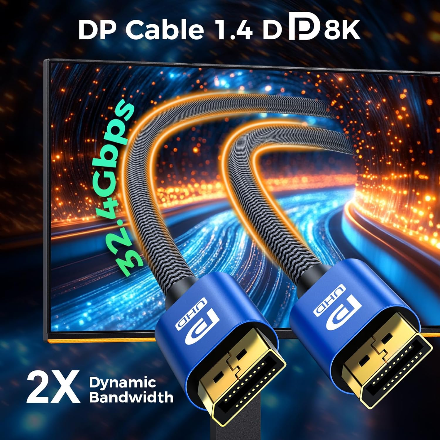 Zazalon Displayport Cable 1.4-8K@60Hz, 4K@144Hz, 2K@240Hz, 32.4Gbps High-Speed,Hdr, HDCP, G-Sync, Freesync - Nylon Braided DP to DP Cord for Gaming Monitor,Pc,Tv,Laptop - 2M, Blue image number 5