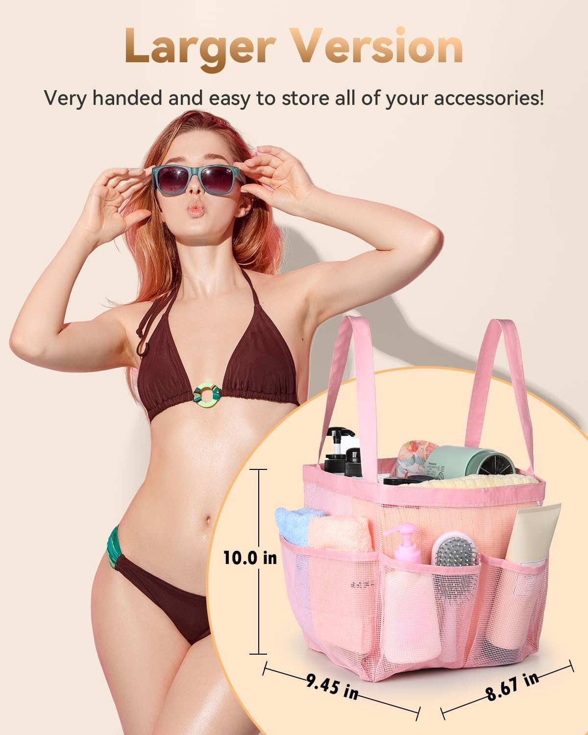 Temede Mesh Shower Caddy Tote, Large Shower Caddy Basket Portable, Quick Dry Hanging Toiletry Bag, 8 Storage Pocket Bath Organizer for College Dorm, Gym, Camp, Travel (Pink) - Blue image number 7