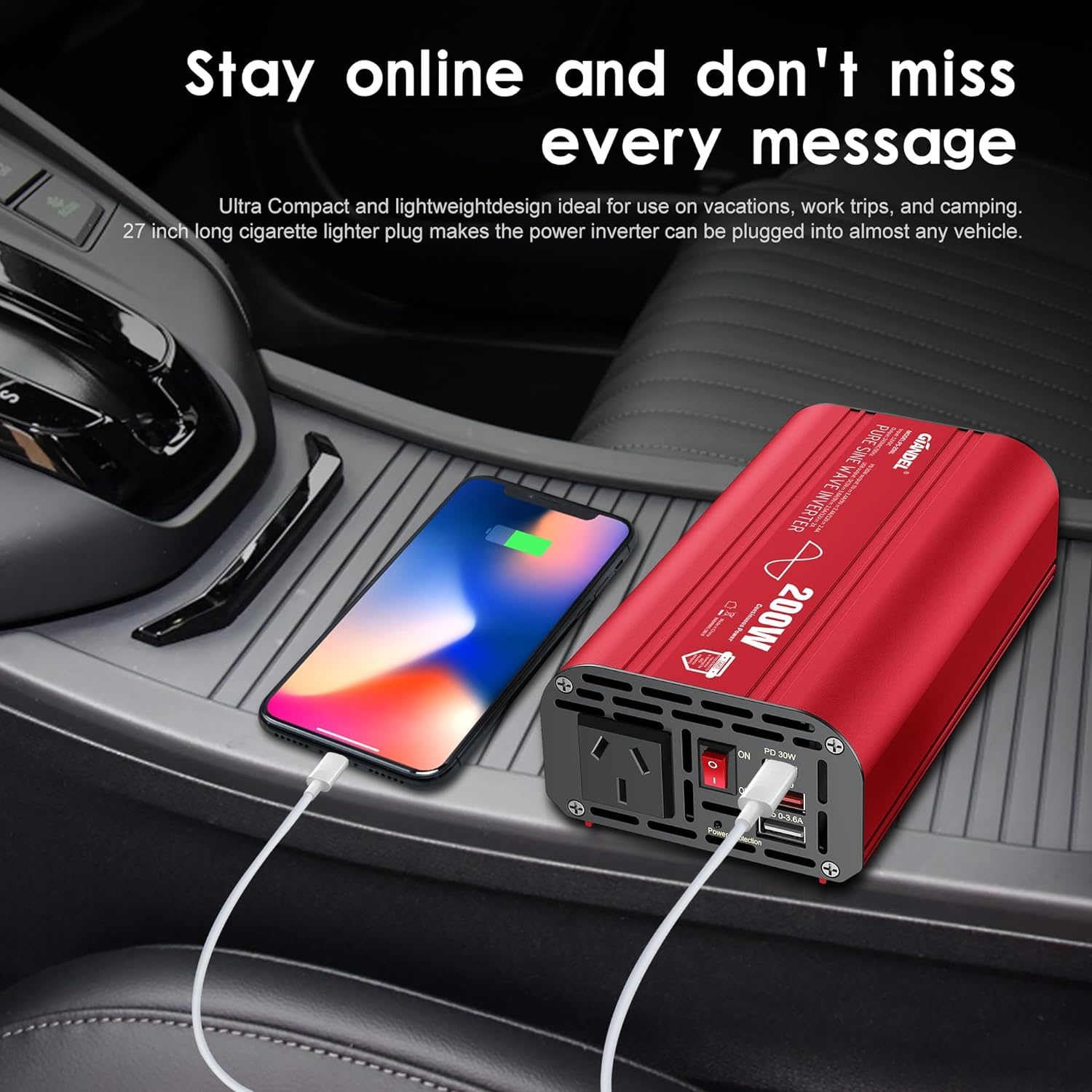 GIANDEL Pure Sine Wave 200 Watt Power Inverter DC 12V to AC 240V Car Adapter with Type-C PD30W and QC3.0 USB Fast Charging for Tablets Laptops Smartphones image number 6