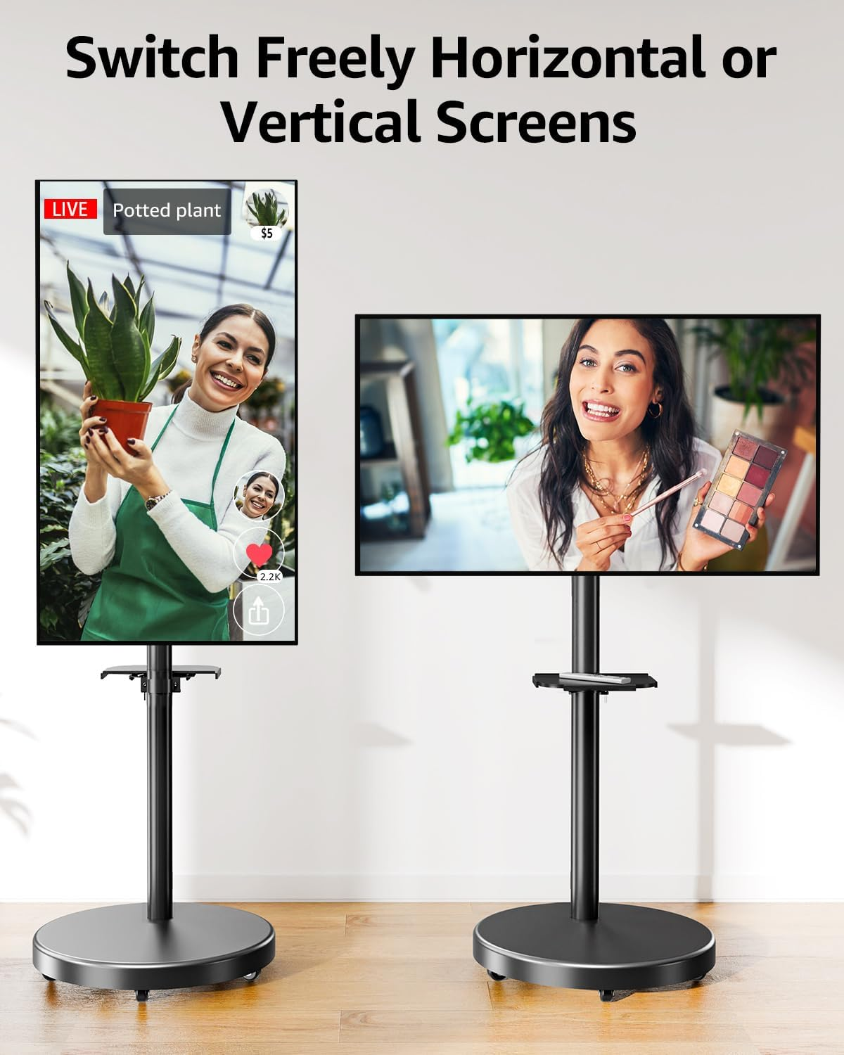 MOUNTUP Rolling Mobile TV Cart for 32-65 Inch Tvs, Rotatable Floor TV Stand Compatible with the Frame Tvs - 90&deg; Landscape to Portrait, Height Adjustable TV Cart on Wheels, Max VESA 400X400Mm, MU1109-B image number 3