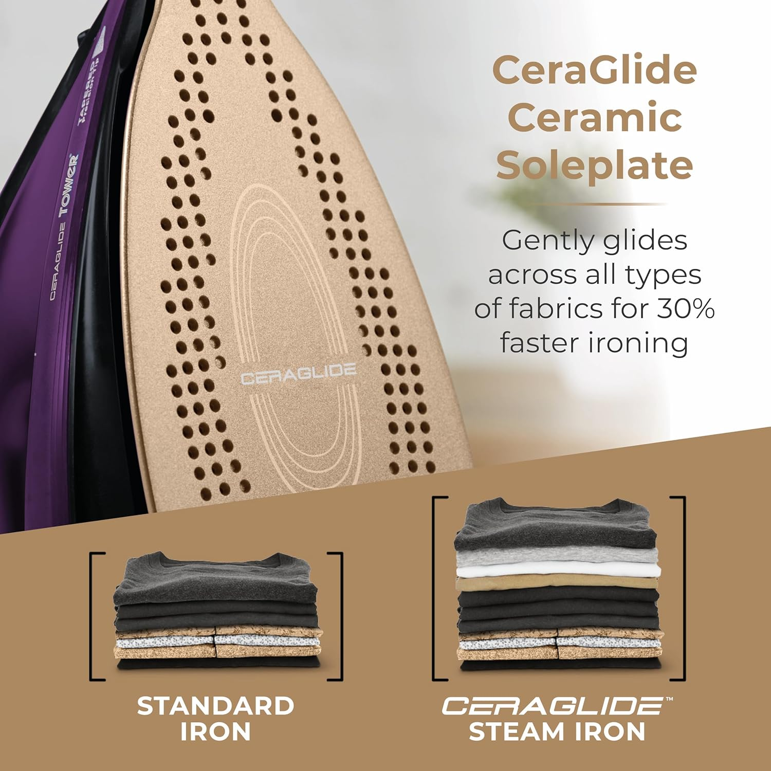 Tower T22008 Ceraglide 2-In-1 Cord or Cordless Steam Iron with Non-Stick Ceramic Soleplate, 160G Steam Boost, anti Drip, anti Scale, anti Calc and Self Cleaning Functions, 2400 W, Purple - Black, Purple image number 7