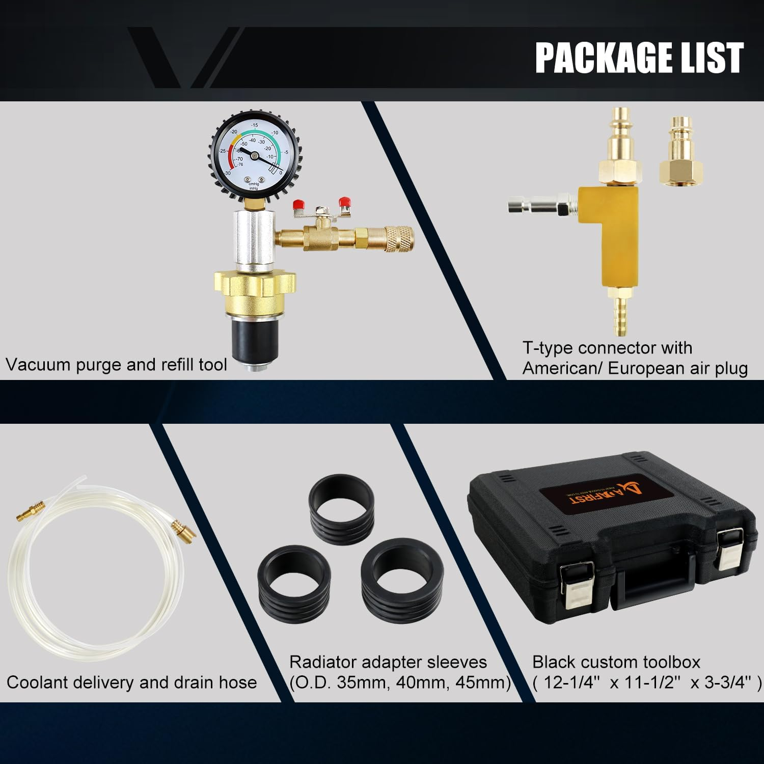 ADAFIRST Automotive Radiator Coolant Vacuum Refill Tool Kit, Engine Cooling System Vacuum Purge & Fill Tool Set with Universal Adapters (O.D. 32Mm 35Mm 40Mm 45Mm) for Car SUV Truck Airlift, Black Case