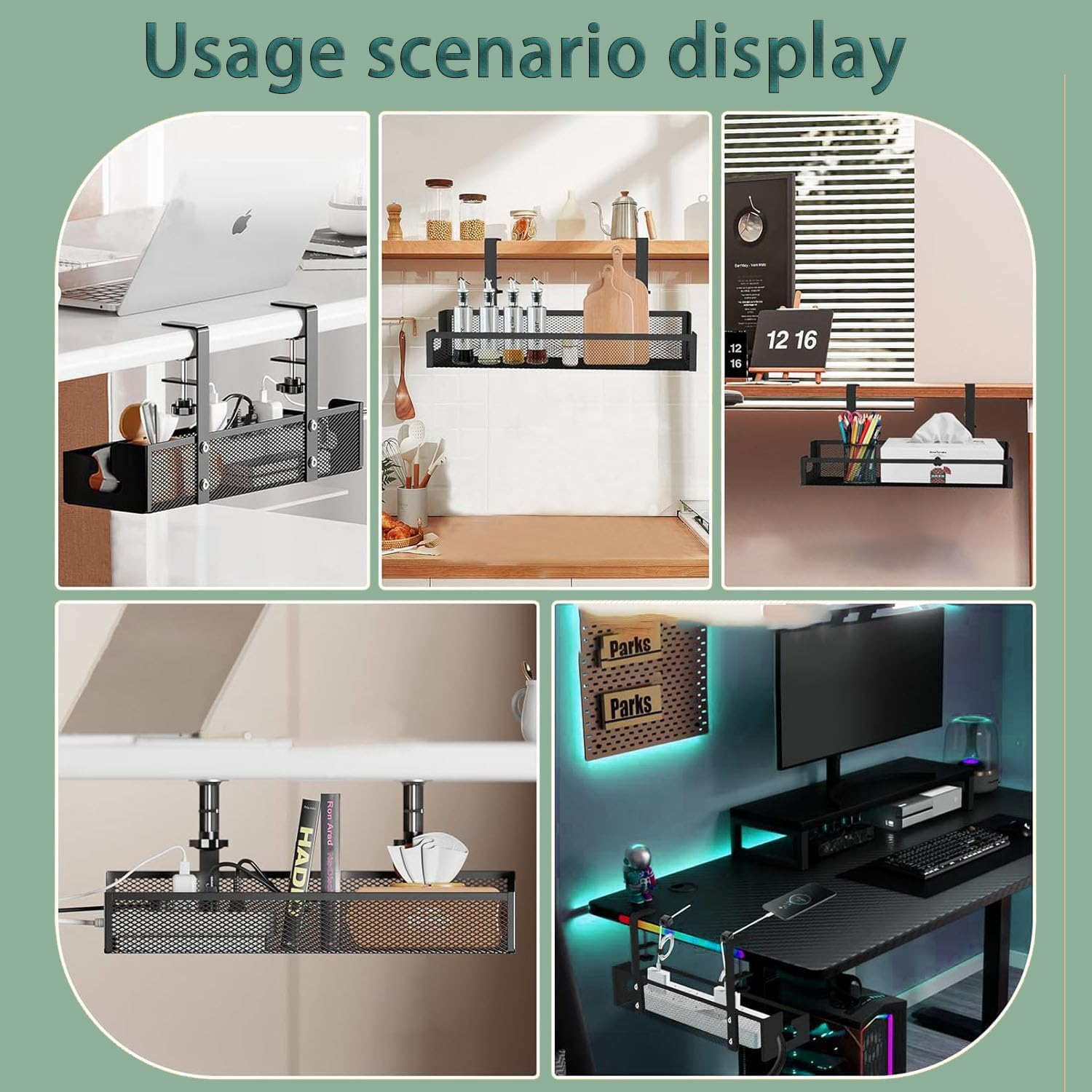 Under Desk Cable Management Tray No Drill, Metal Mesh Cable Management under Desk with Clamp Mount, Table Organizers and Accessories, Cord Storing for Home,Office and Workspace Organizers, Black - White image number 3