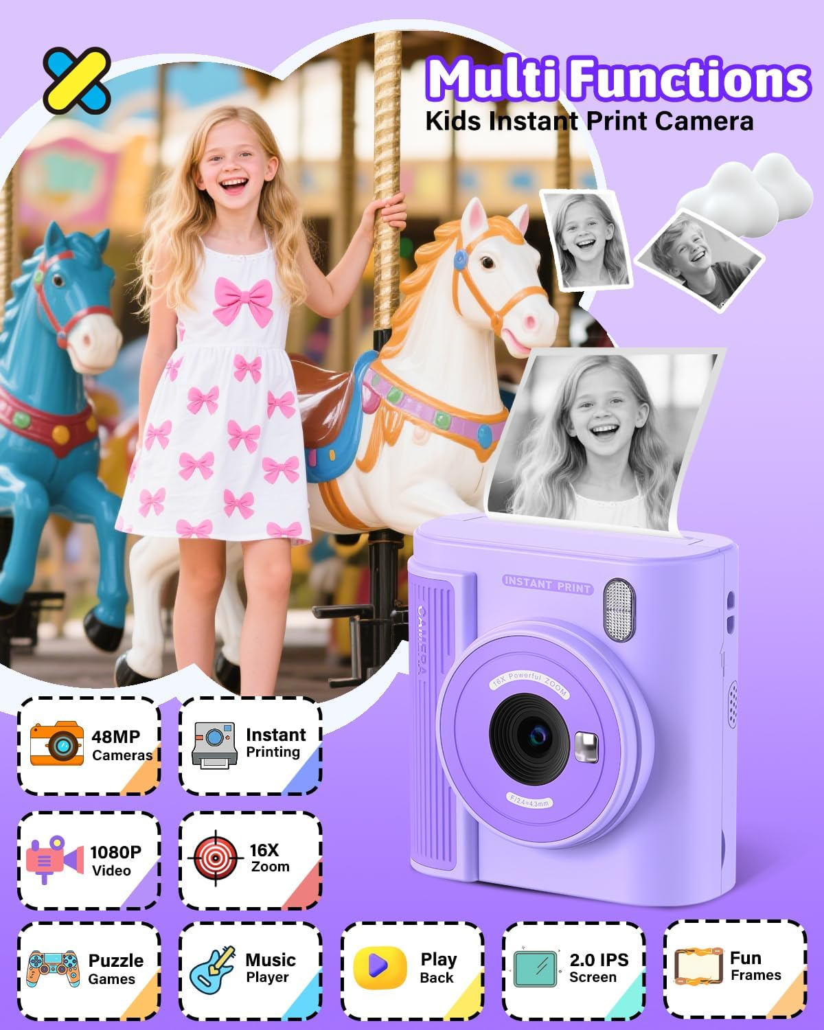 Mgaolo Kids Camera with Instant Print, Thermal Printing Digital Camera Toy for 3-12 Years Old Children, Safe Ink-Free Design, Present for Creativity & Learning (Purple) - Black image number 4