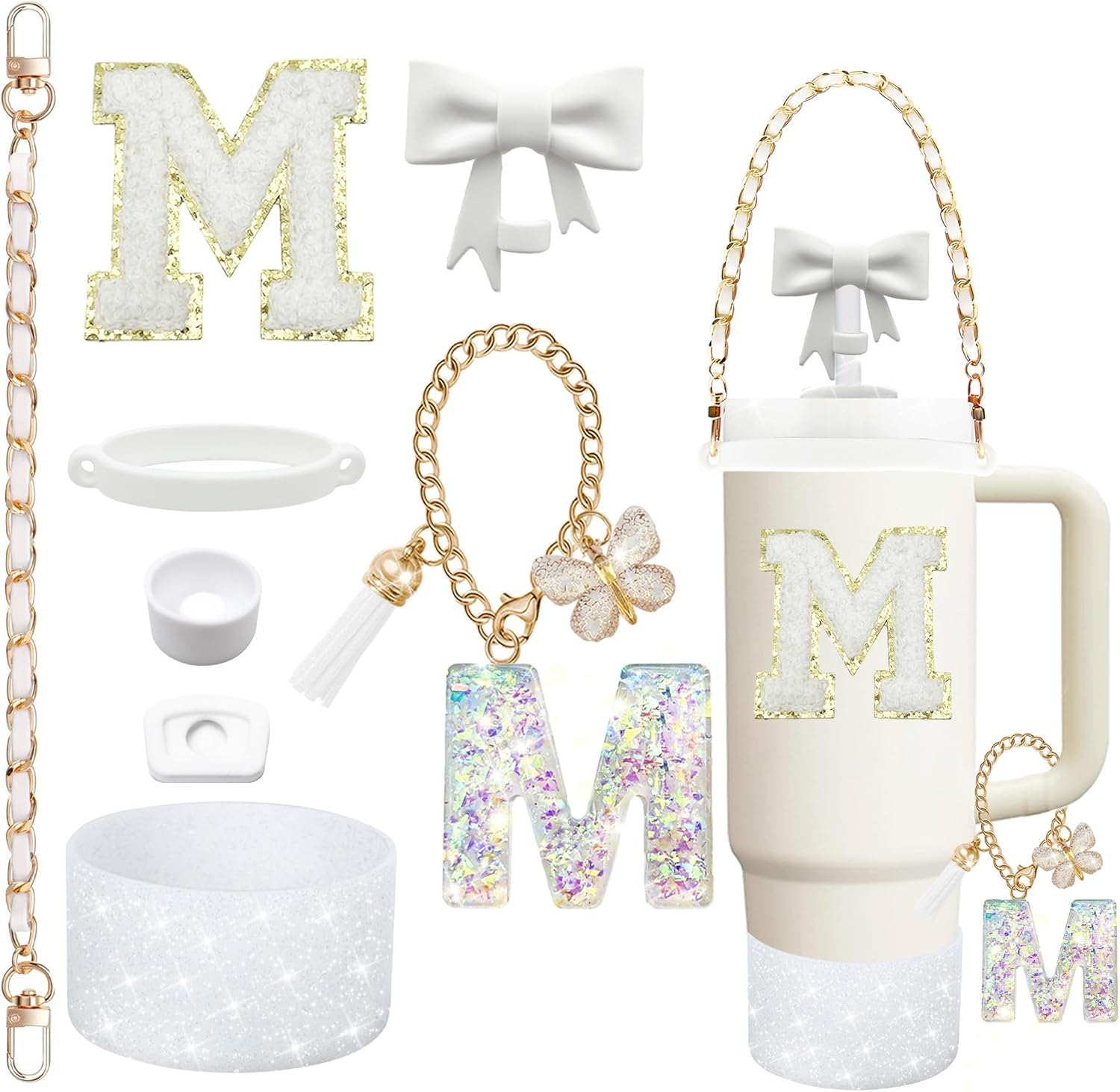 8PCS Stanley Cup Accessories Set for Stanley Cup 30Oz 40Oz Tumbler with Handle,Including Straw Topper Cover Cap and Boot,Spill Proof Stopper,Handle Charm,Initials Sticker (White M) image number 1