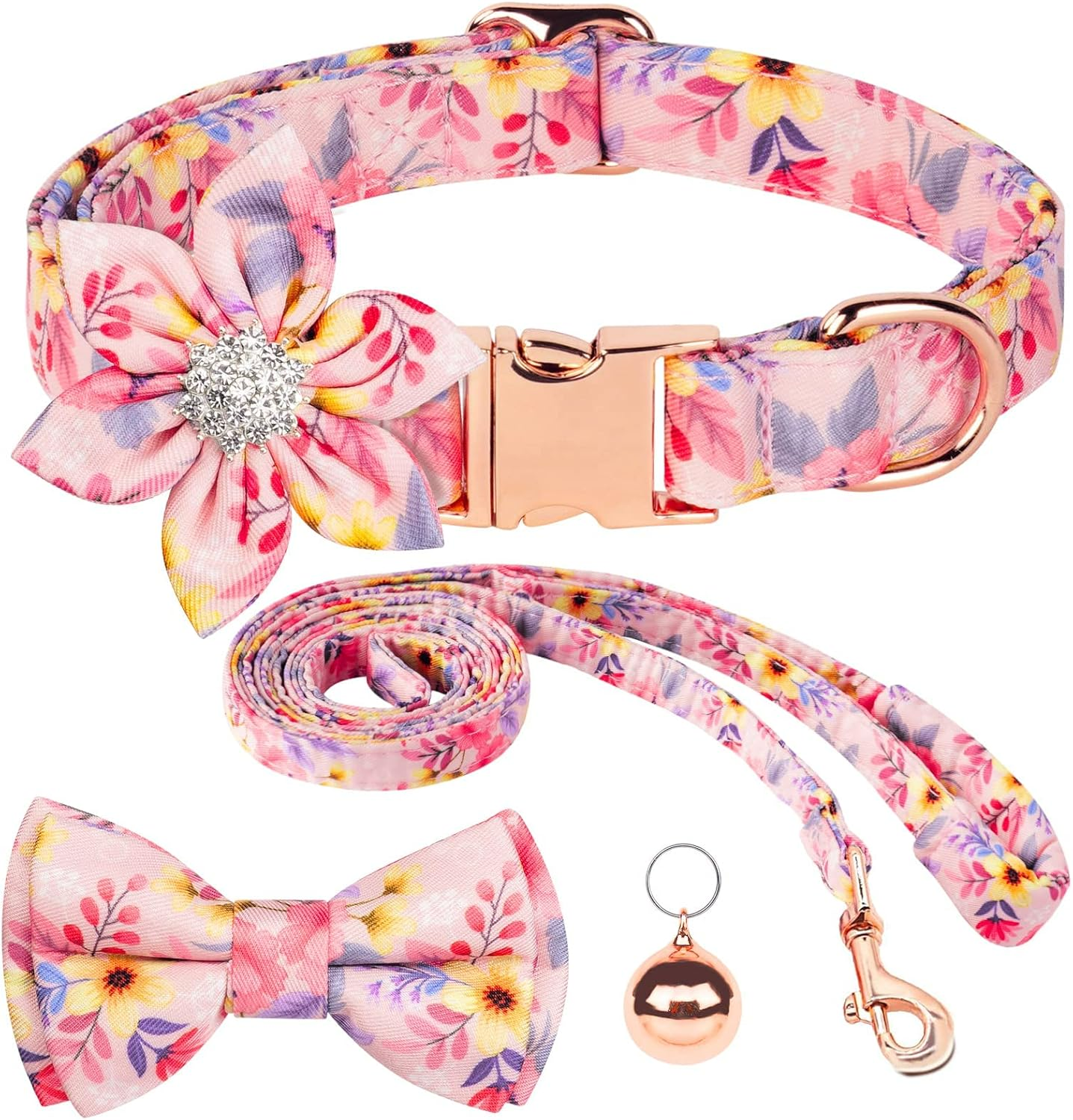 AUAUY Dog Collar and Leash Sets, Flower Girl Floral Pattern Engraved Pet Collars with Adjustable Strong Gold Buckle Collars with Beautiful Bowtie and Little Bell for Small Medium Large Dogs(Pink L)