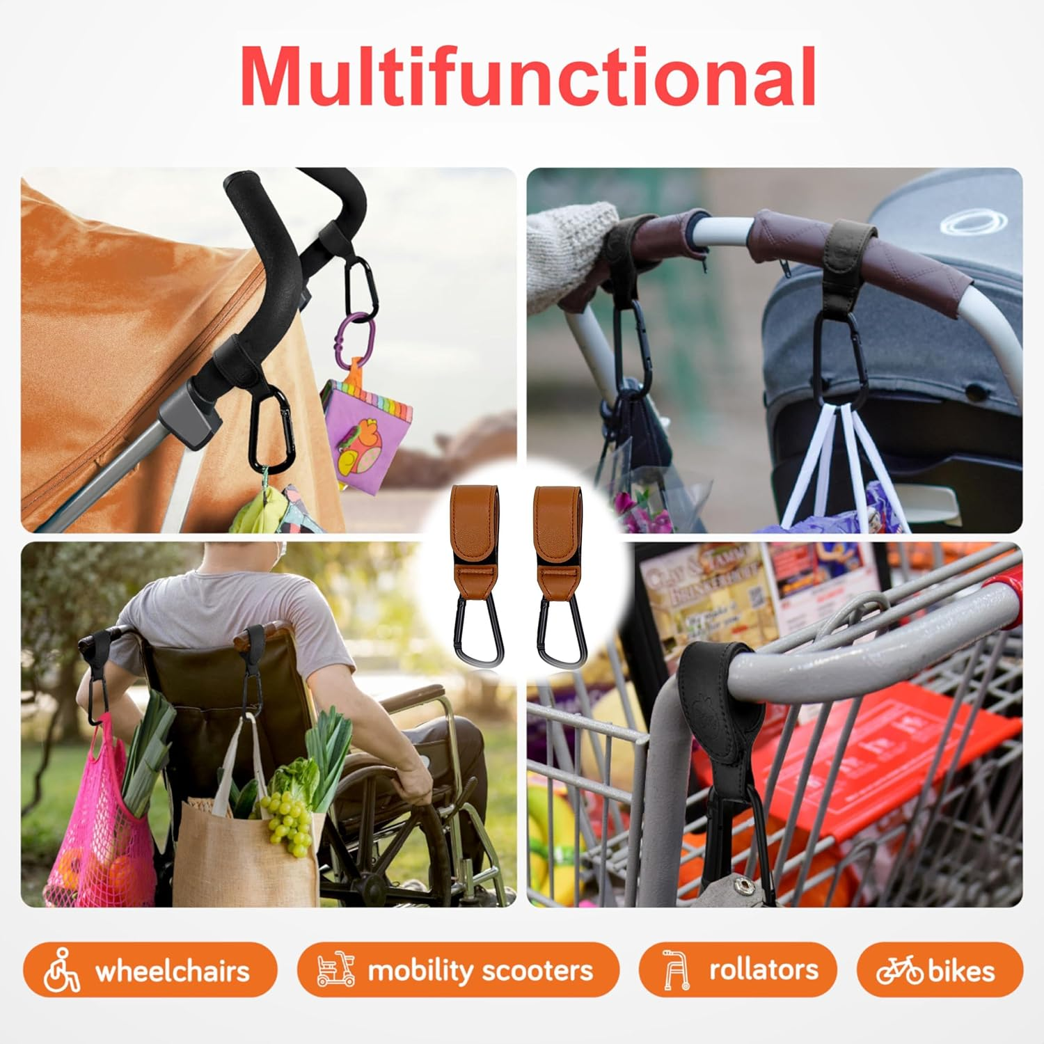 Custelen 2-Pack Universal Stroller Hooks | Adjustable Carabiner Clips for Bags - Carry up to 11 Lbs per Hook | Baby Essentials & Stroller Accessories (Brown) image number 2