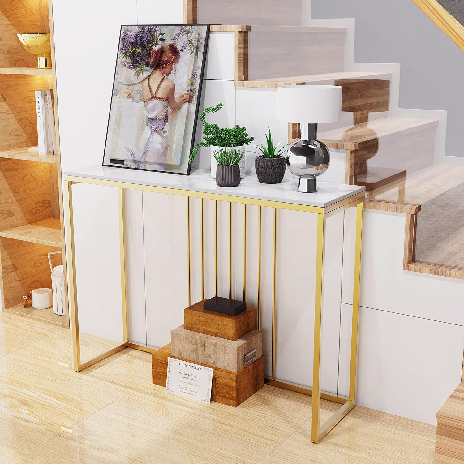 Slim Console Table Hallway Unit: White Marble Top Consoles Desk Long 100Cm High Gloss Sintered Stone Marbles Effect and Gold Frame Narrow Tall Modern Sofa Side Tables Entryway Furniture Decor image number 6