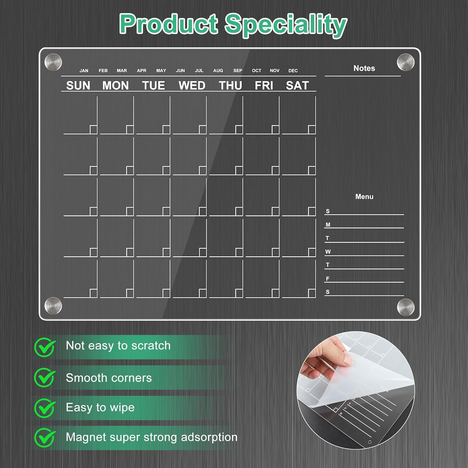 JUNART Acrylic Magnetic Fridge Calendar for Efficient Life Planning, Reusable Planner Includes 6 Markers,4 Magnetic Holders - 21X29 Monthly Fridge Planner image number 6