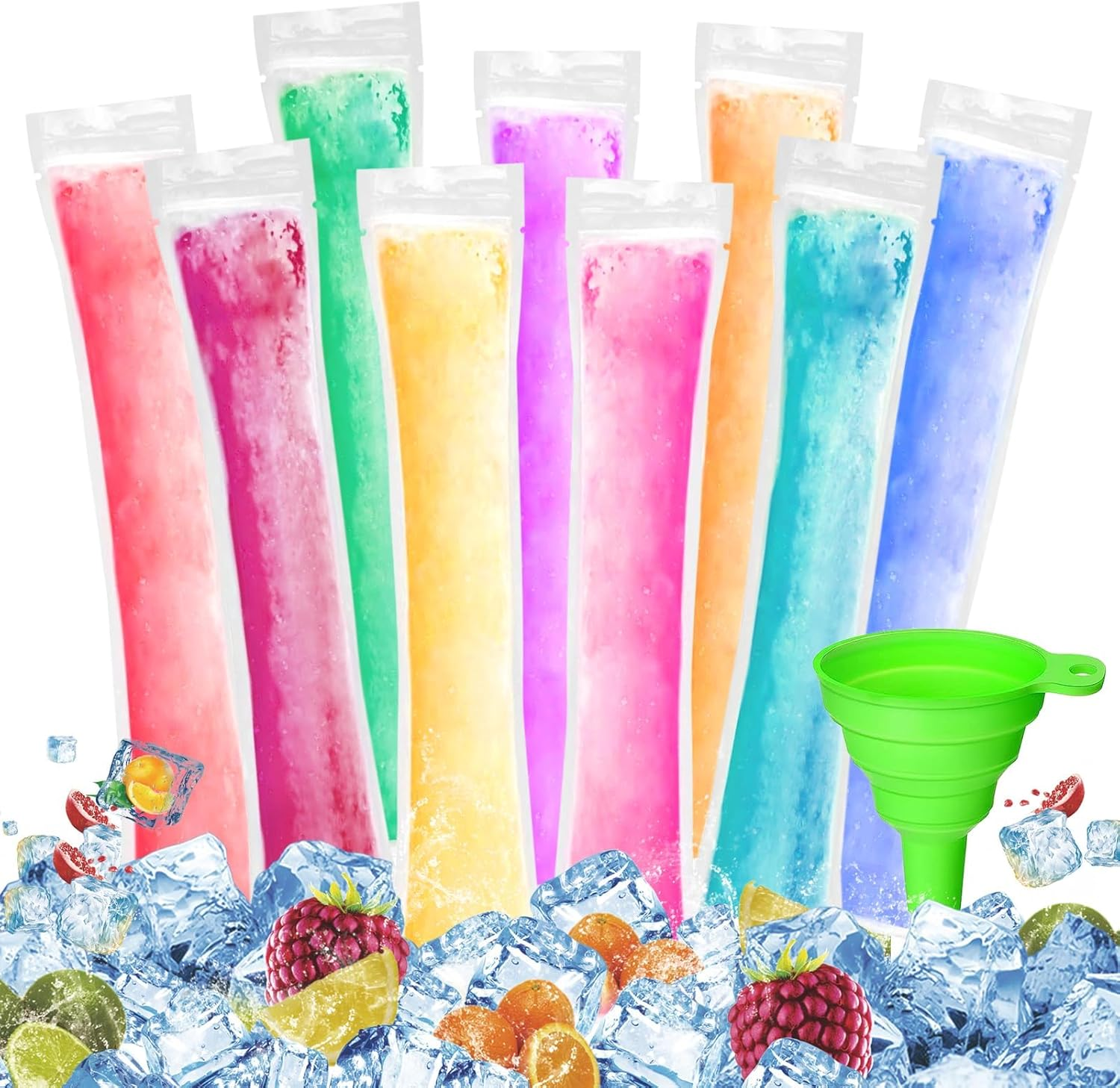 Pack of 200 Water Ice Bags with Funnel, Bpa-Free Ice Moulds for DIY Ice Lollies, Yogurt, Juice & Smoothies, Ice Pop Bags - Disposable Popsicle Bags for Homemade Water Ice Cream