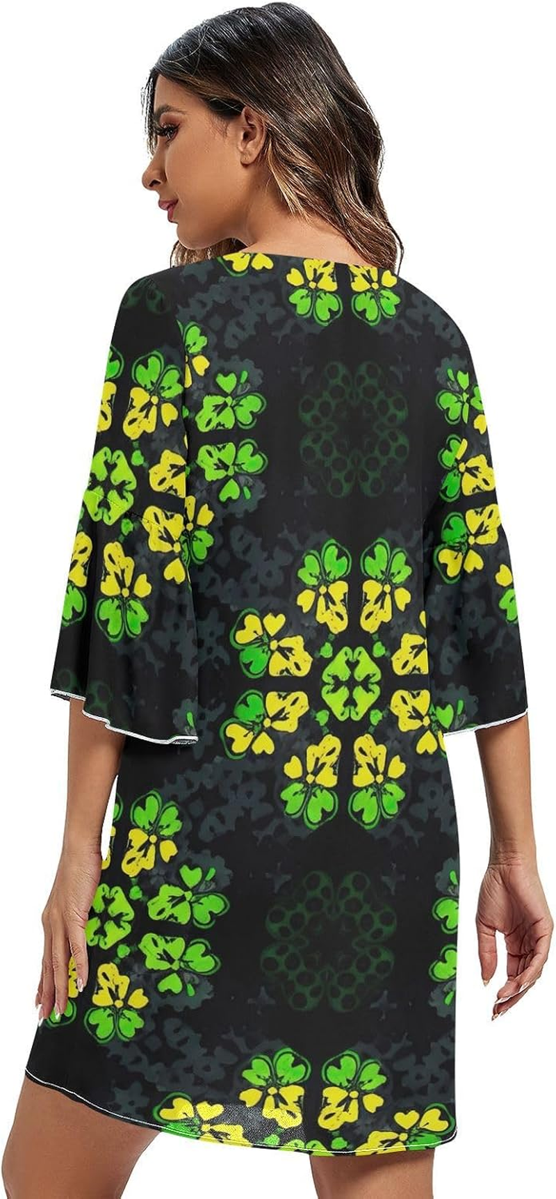 Green Yellow Shamrock Black Short Chiffon Dress Printed Line Maternity Dress S-XXL image number 4