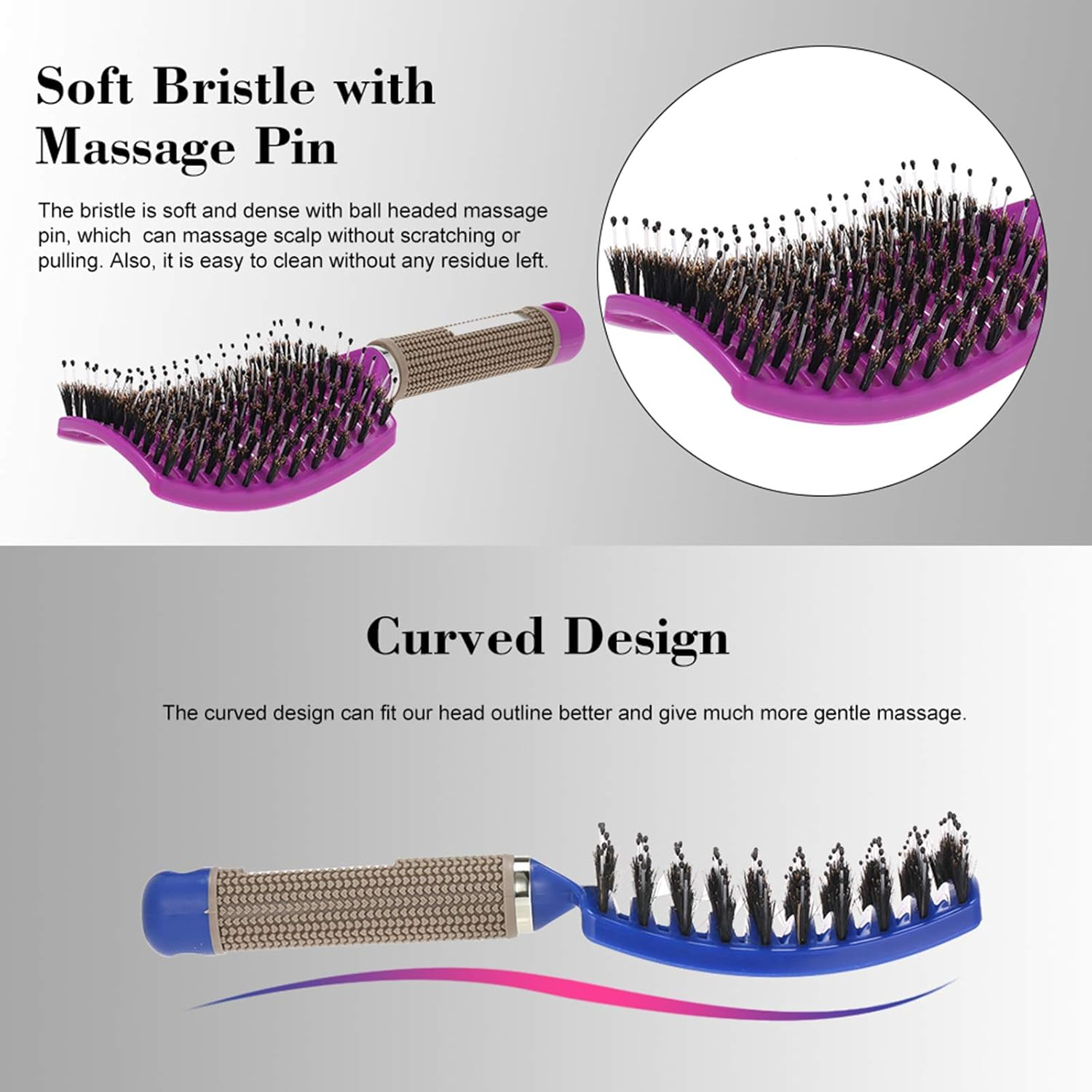 Curved Boar Bristle Hair Brush Massage Comb Detangling Hairbrush for Women image number 2