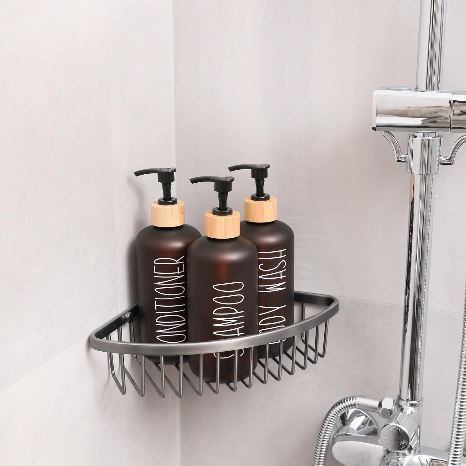 MOMEEMO Amber Shower Dispenser Set, Contains 3 Extra-Thick PET Plastic Bottles with Bamboo Pumps, Shampoo and Conditioner Dispenser for Shower Perfect for Modern Bathroom Decor. (Amber)