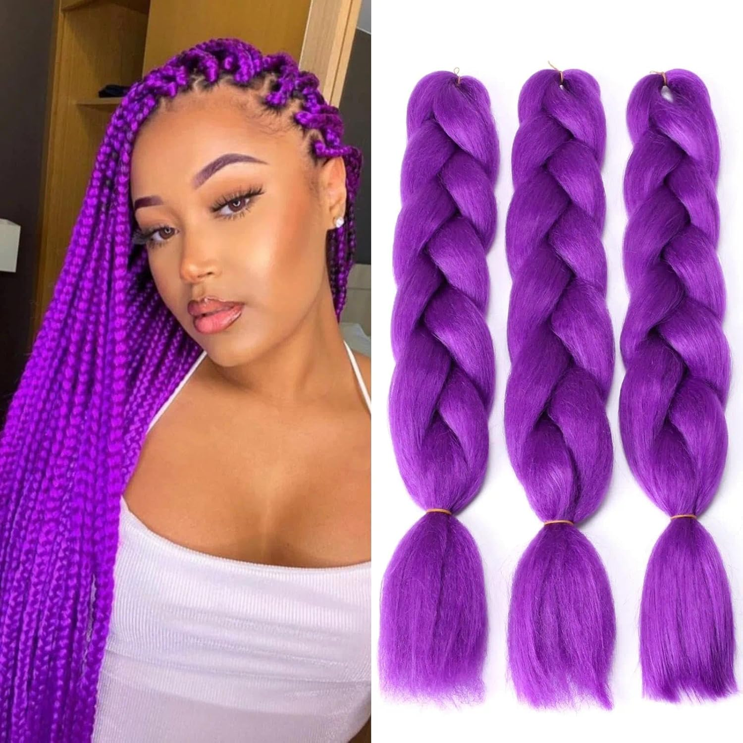 24 Inches Dark Purple Braiding Hair Extensions 3 Bundles, Heat Resistant Synthetic Fiber for Box Braids and Crochet Weaving (3 Bundles/Pack) - Damail image number 5
