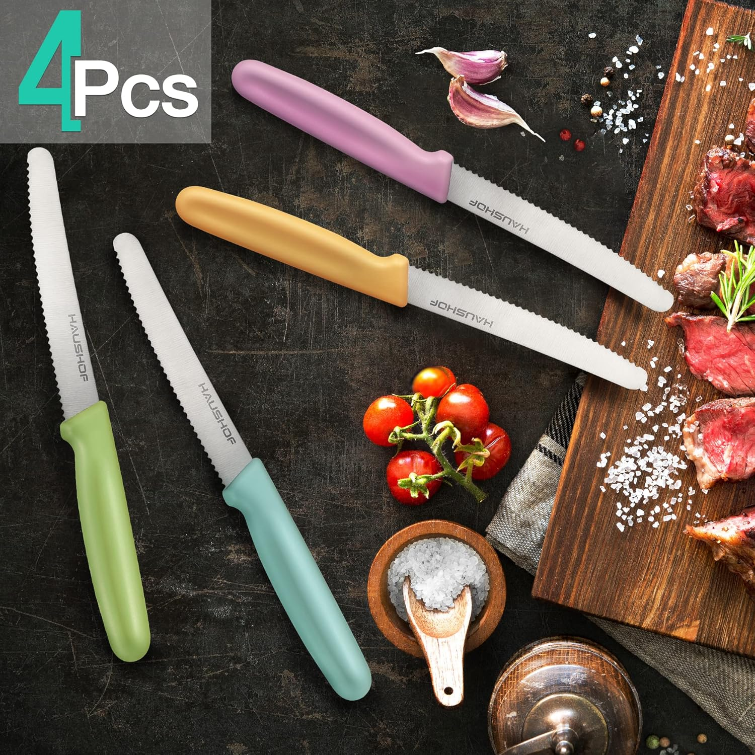 HAUSHOF Steak Knives Set of 4, Serrated Steak Knives, Premium Stainless Steel Steak Knife Set with Gift Box, Assorted Color image number 4