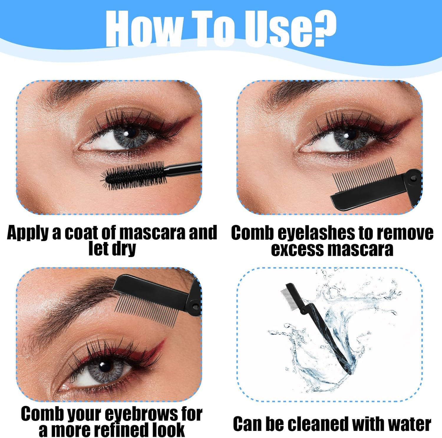 HAIKING Folding Eye Lash Brow Comb, 2 PCS Black Stainless Steel Lash Separator Tool for Makeup Beauty Tools image number 4