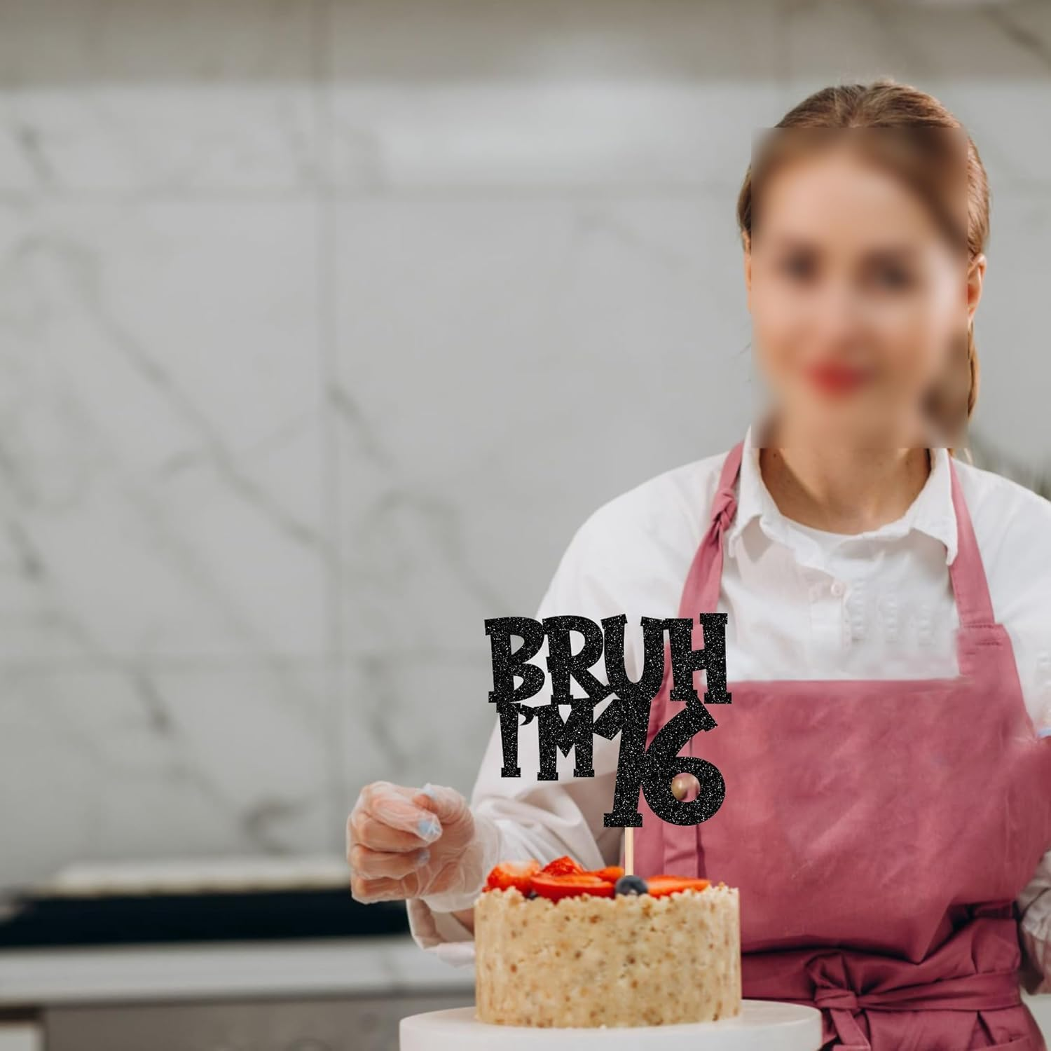 SYKYCTCY 1 Pack Black Glitter Bruh I'M 16 Cake Topper Glitter Cheers to 16Th Cake Pick Funny 16Th Cake Decorations for Happy Birthday Party Supplies Black image number 3