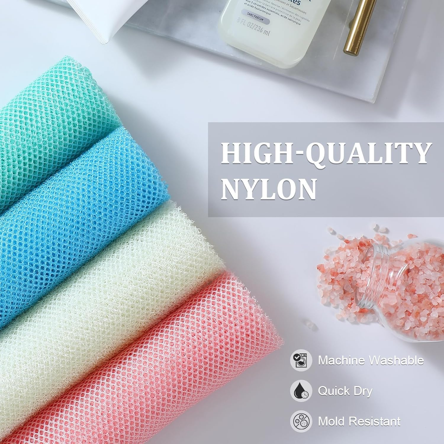 4 Pieces Exfoliating Net, Long African Net Sponge, Nylon Net Cloth, Exfoliating Washcloth, Body Scrubbers for Use in Shower, Back Scrubber Skin Smoothers for Bath (Multicolor 4) image number 5