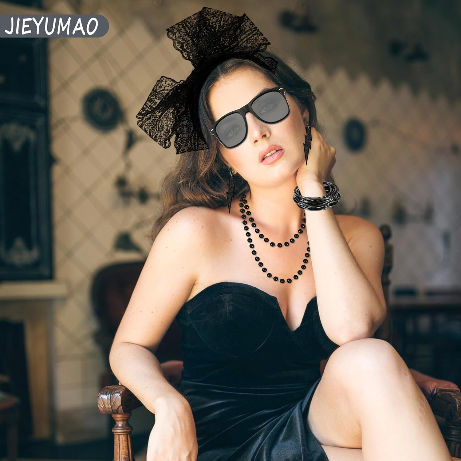 JIEYUMAO 80S Accessories, 6Pcs 80S Costume Accessories for Women, Fancy Dress Accessories with Lace Headband Earrings Fishnet Gloves Necklace Bracelet Black Glasses for Theme Party image number 3