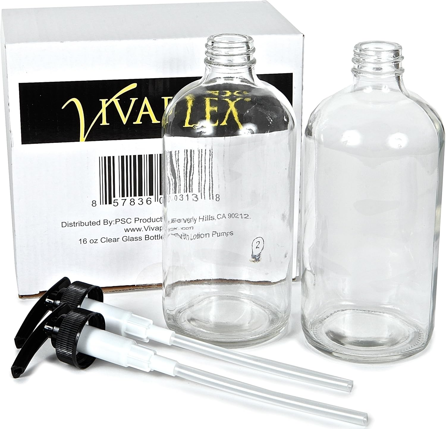 Vivaplex, 2, Large, 16 Oz, Empty, Clear Glass Bottles with Black Lotion Pumps image number 2
