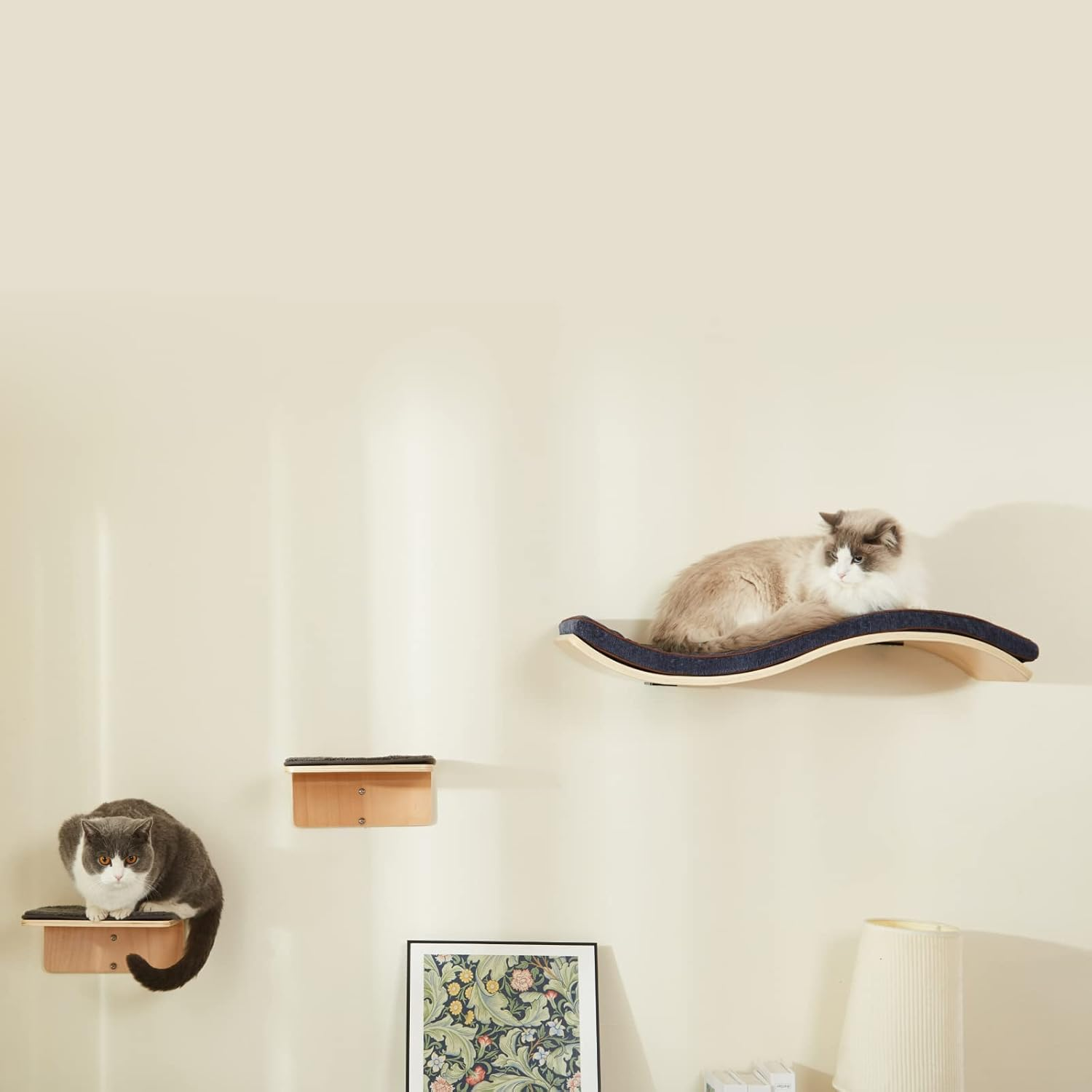 LIORCE Cat Wall Shelf with Two Steps - Wave Cat Shelves and Perches for Wall - Wall Mounted Cats Furniture for Sleeping, Playing, Climbing, and Lounging image number 1