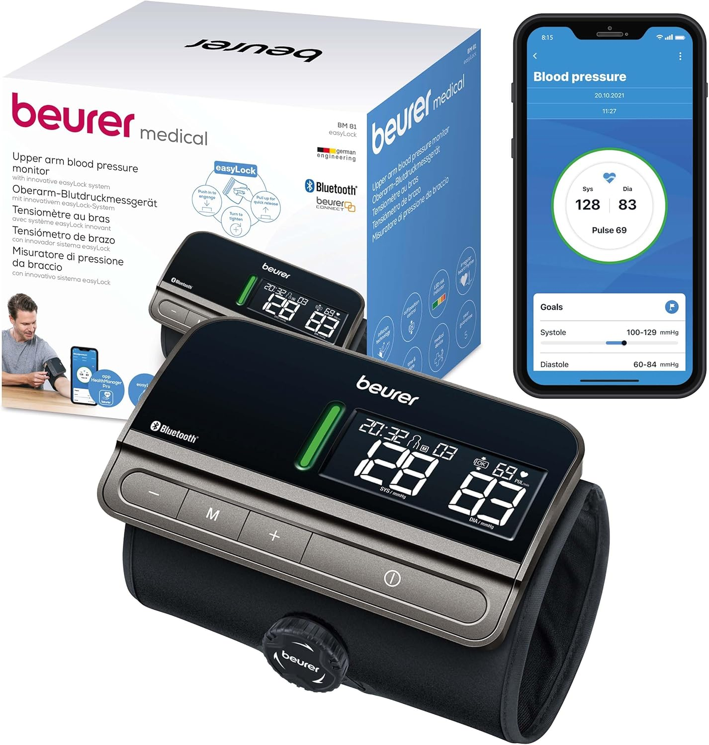 Beurer BM81 Easylock, Automatic Blood Pressure Monitor, Clinically Validated, Smart Blood Pressure Machine without Cables, Gentle Pressure Build-Up & Fast Measurement Time