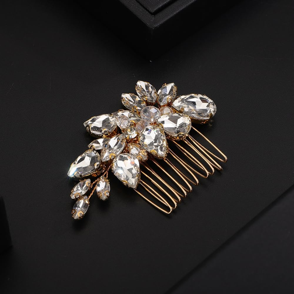 Teyglen Crystal Bridal Rhinestone Hair Comb Headpiece with Sparkly Rhinestones for Women and Girls (Gold) - Gold image number 5
