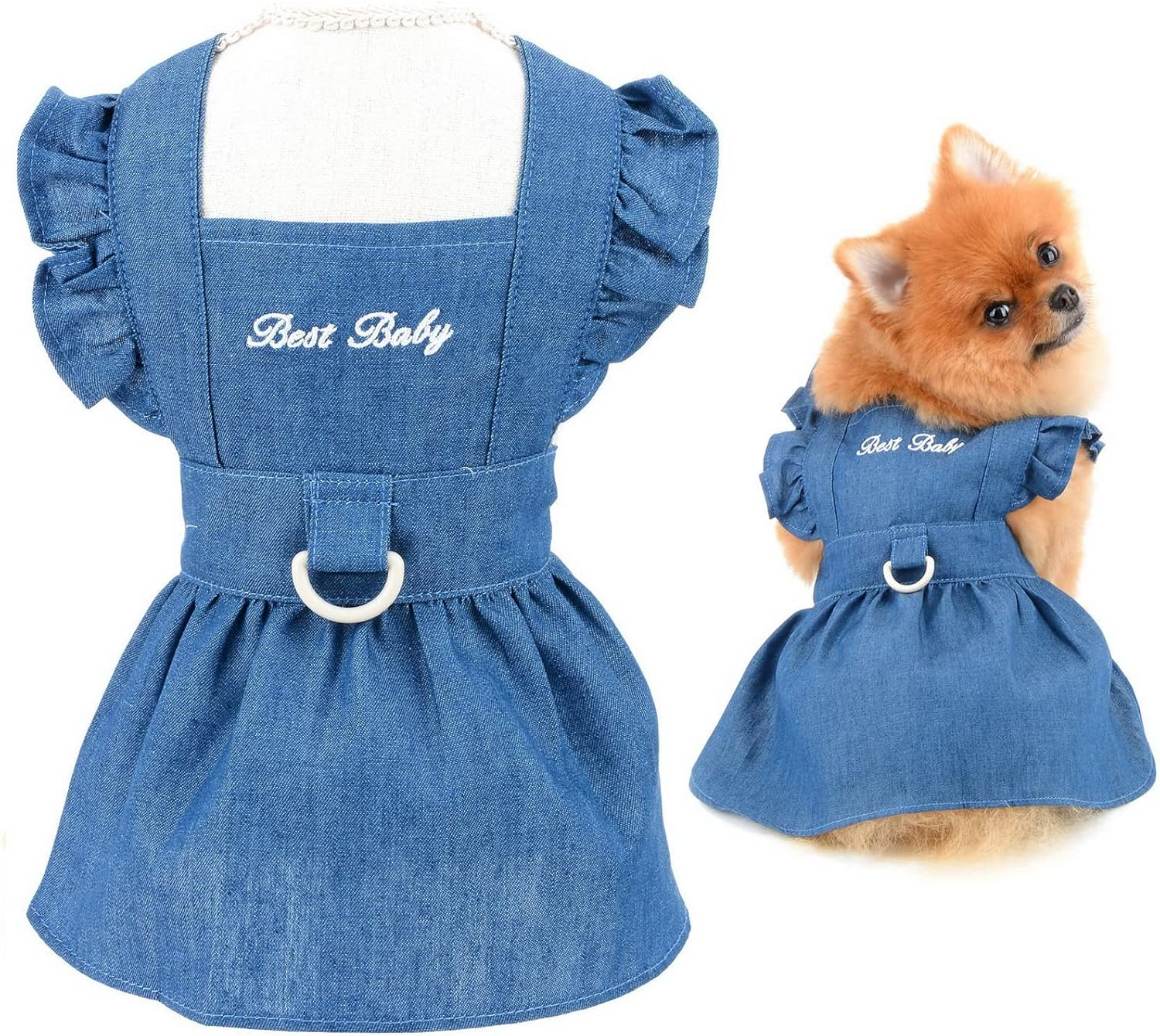 SMALLLEE_LUCKY_STORE Dog Denim Harness Dress, Ruffles Puppy Princess Dress for Small Medium Dog Cat Girls Adjustable Pet Jean Skirt with D-Ring Female Dog Clothes Summer Apparel,Light Blue,S