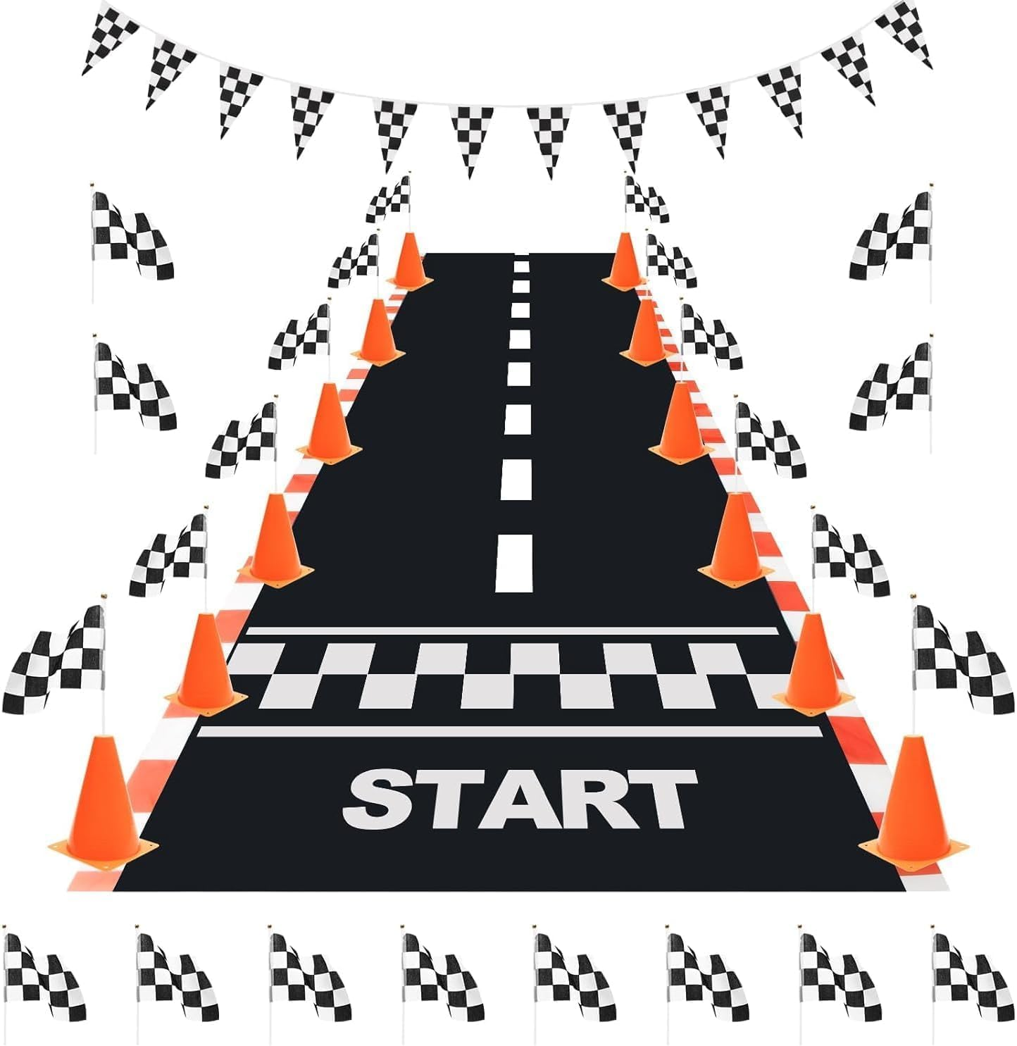 38 Packtraffic Cones and Racing Checkered Flags for Race Car Party Supplies Include 24 Checkered Flag/12 Mini Traffic Cones /6.9Ft Racetrack Floor Running /10Ft Hanging Checkered Flag image number 4