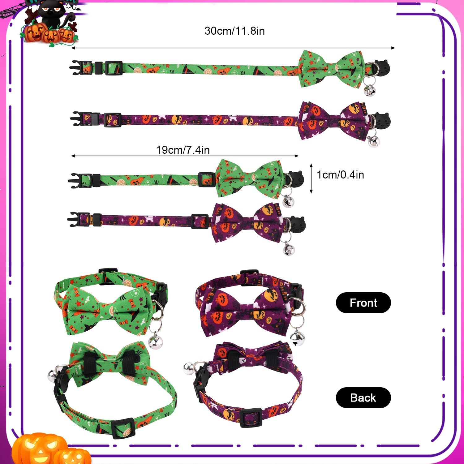 2Pcs Halloween Cat Collars, Adjustable Cotton Fabric Halloween Cat Collar with Bell Cute Soft Comfortable Kitten Collar with Bow (Green+Hat, Purple+Pumpkin) image number 2
