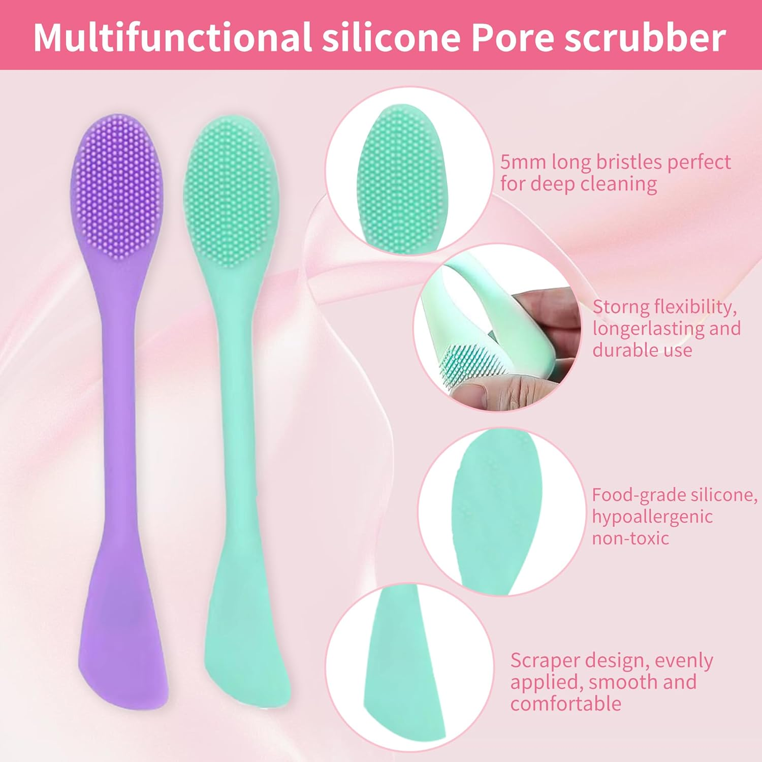 Silicone Blackhead Remover Tool and Pore Cleansing Brush, 5Pcs Face Scrubber Set with Facial Cleansing Brush, Face Mask Applicator, Deep Pore Scraper Kit for Women and Men image number 2