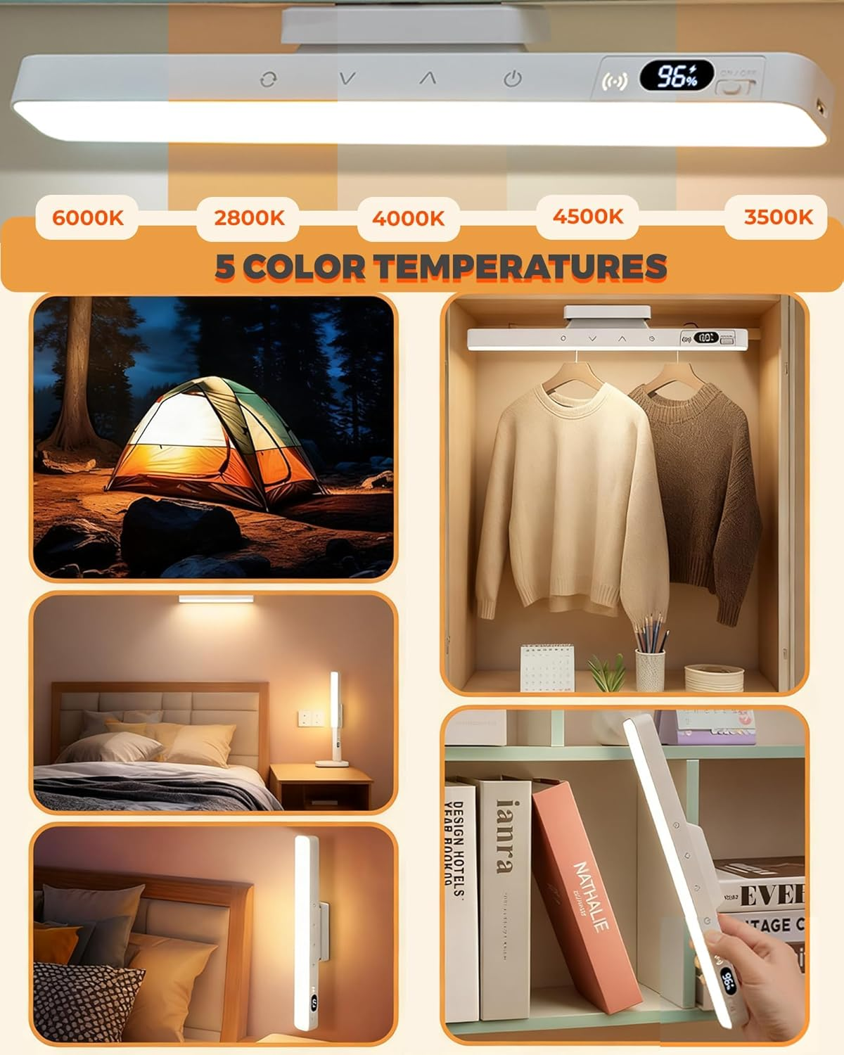 EKOWEE 6W Dimmable Mirror Light, under Cabinet Lighting, 5 Colors & Brightness Dimming, 2000Mah Rechargeable Magnetic Light Bar, Stick on Touch Light for Cabinet,Kitchen,Closet,Bedside,Desk image number 3