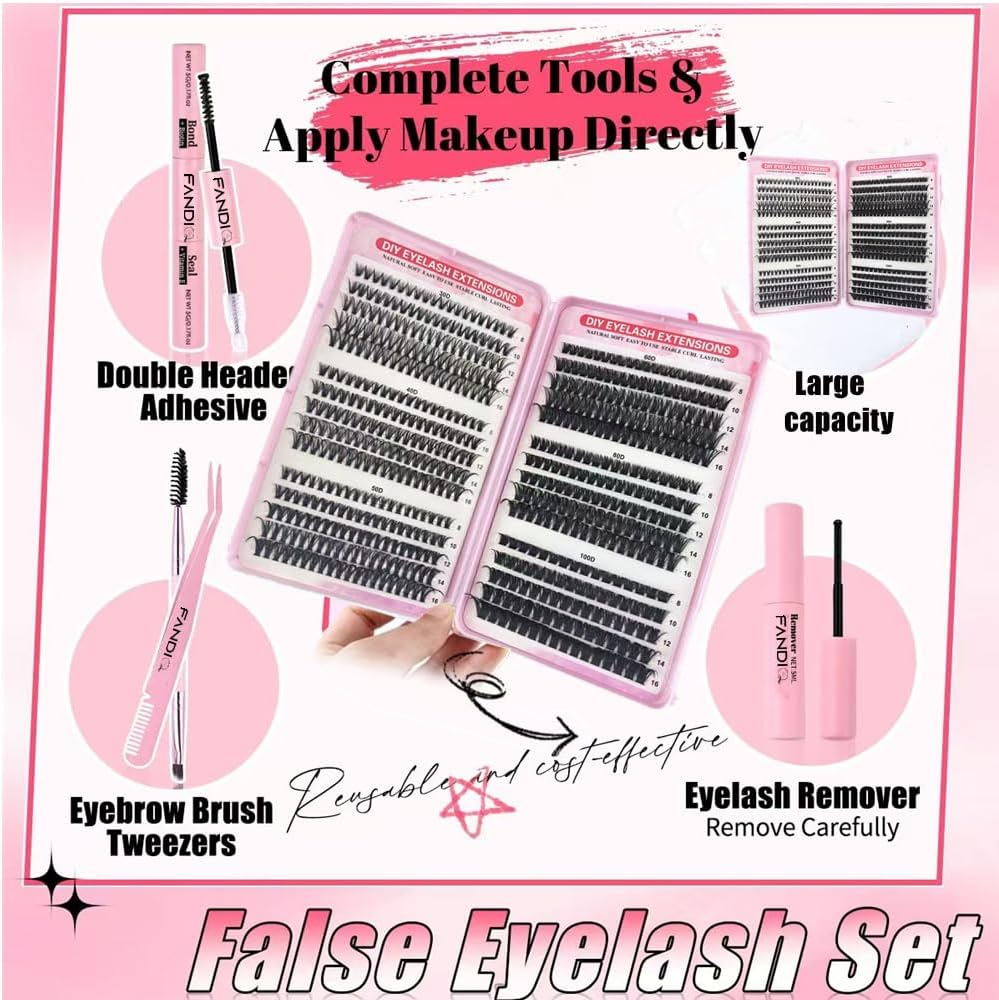 FANDIQ Individual Eyelashes Wispy Lash Clusters Kit 570 Pcs Eyelash Extension Kit D Curl Cluster Lashes 8-16MM DIY Eyelash Extension Kit with Lash Bond and Remover Tweezers Double-Ended Brush(A01 KIT) image number 1