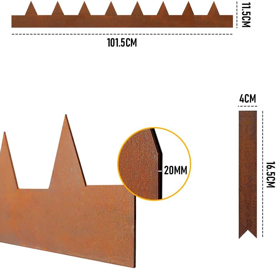 10M Steel Landscape Lawn Edging, Pre Rusted Edging Garden Divider 2.5Cm Depth Patina Bendable Border with 11 Connecting Clips, 10 Pack 101.5Cm Strips with Spikes image number 1