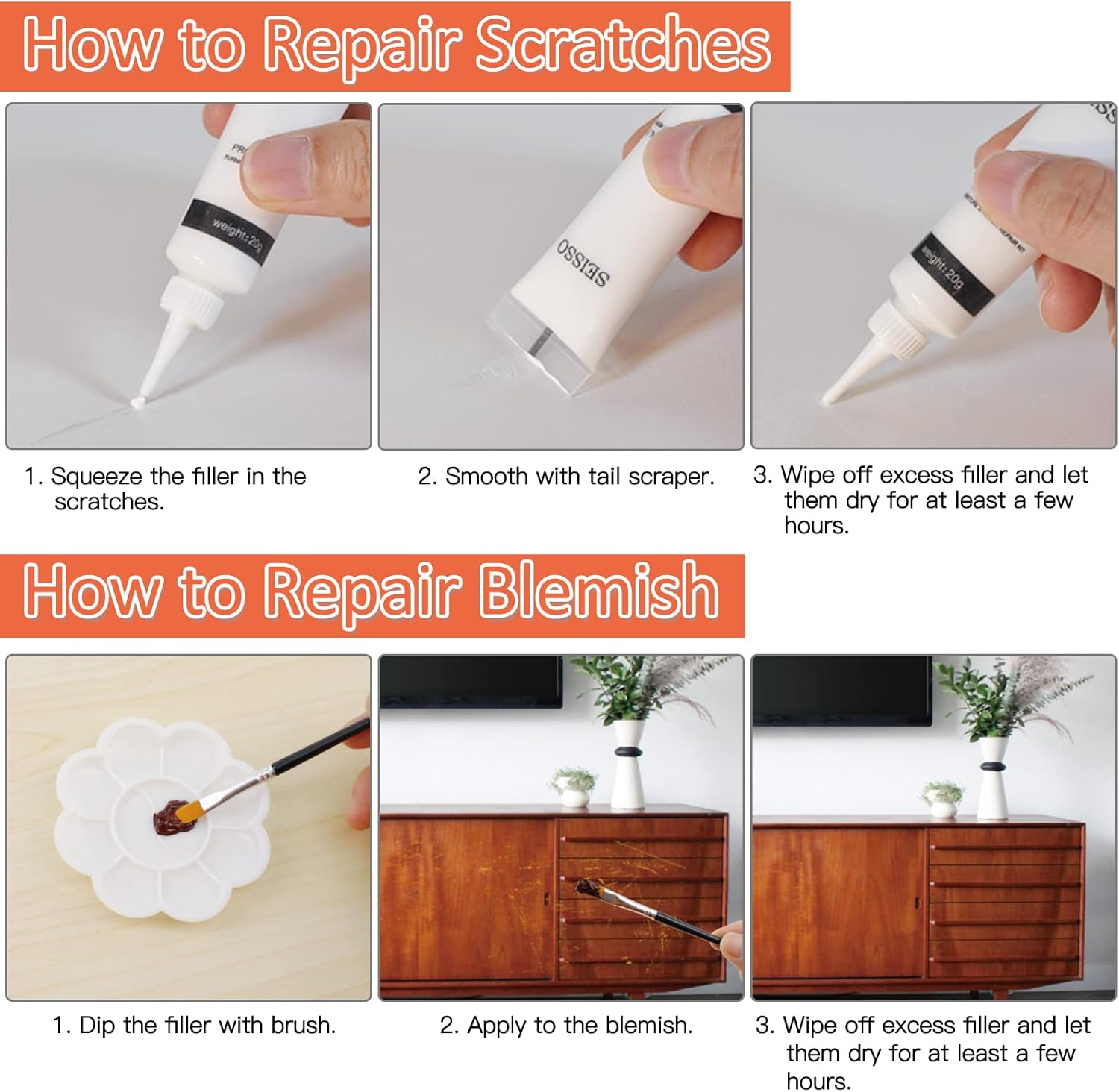 SEISSO 12 Colors Wood Scratch Repair Kit, Wood Filler Putty Furniture Markers Touch up Vinyl Floor Repair Kit - Restore a Finish, Cover Hardwood Scratches, Cracks, Hole, Table, Door image number 3