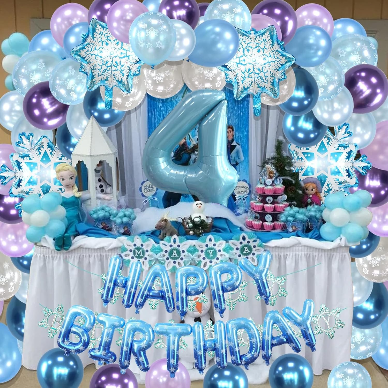 Huge Snow Birthday Decor Kit, Winter Wonderland Party Decorations with Snowflake Balloon Garland Arch HBD Banner, Number 40" Foil Balloon for Baby Girls Decorations (4) image number 5