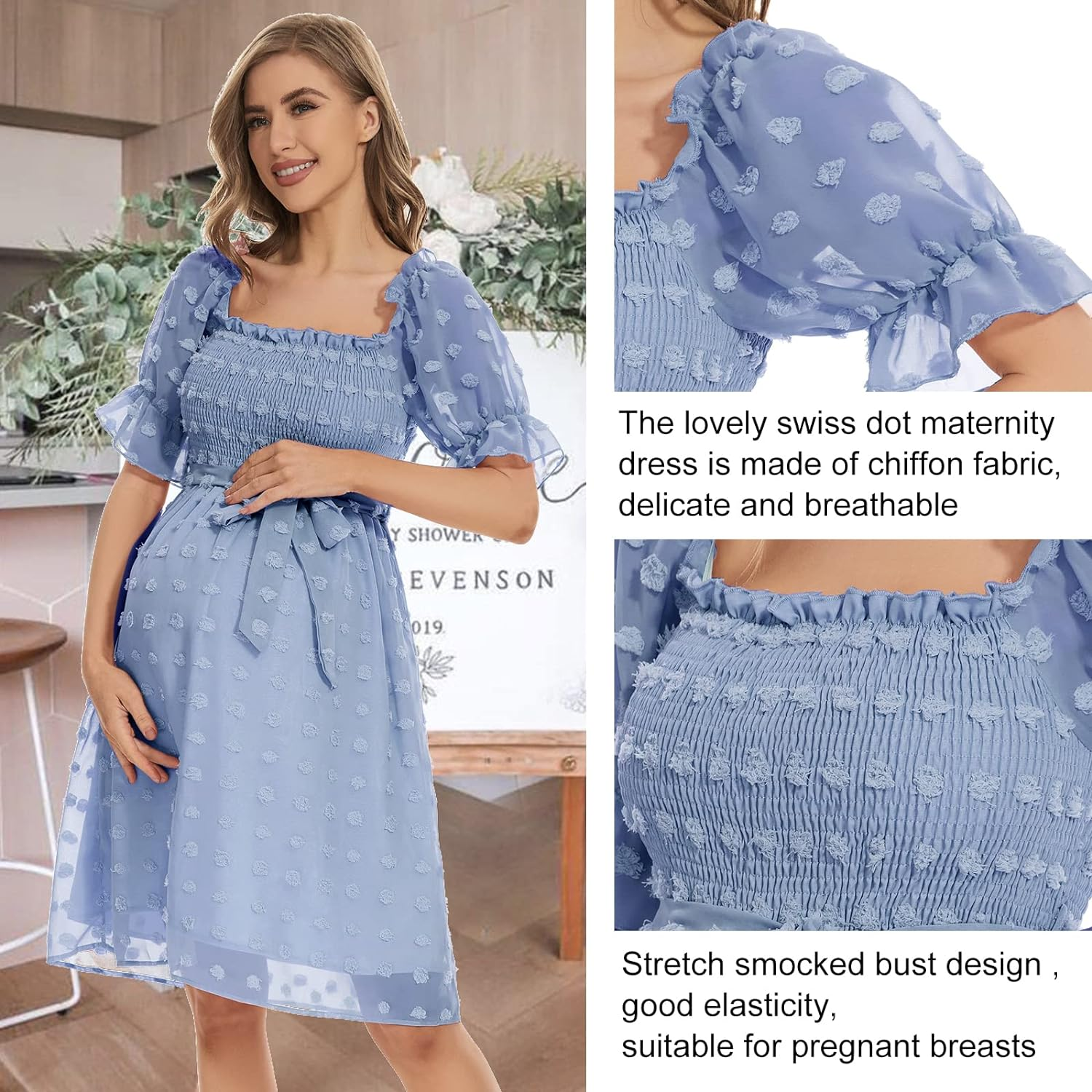 Boho Flutter Short Sleeve V-Neck Maternity Midi Dress for Baby Shower/Photoshoot/Holiday，Swiss Dot Maternity Dress image number 1