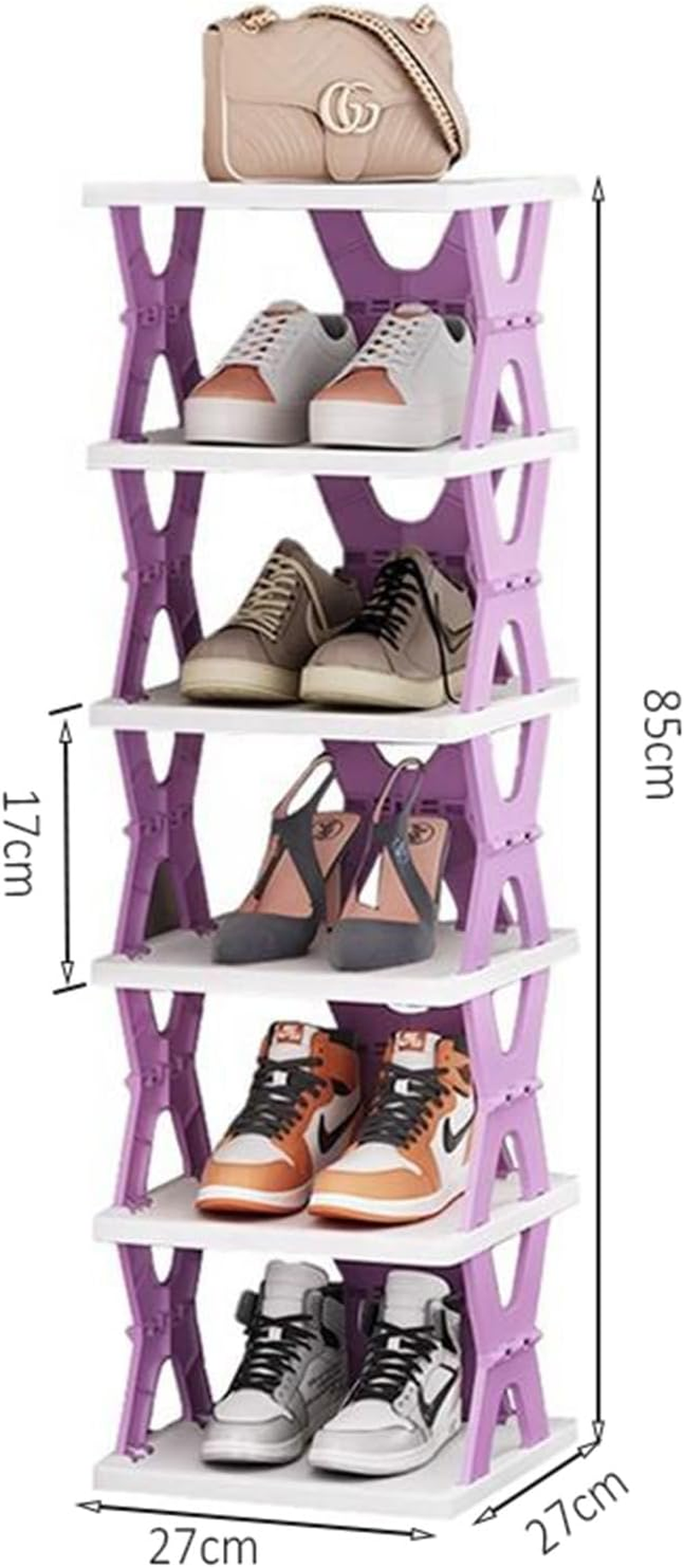 Foldable Vertical Shoe Rack, X-Design Tall Shoes Organiser for Narrow Space, Corner Shelf for Single Dormitory or Small Room (Purple, 6 Tier) image number 2